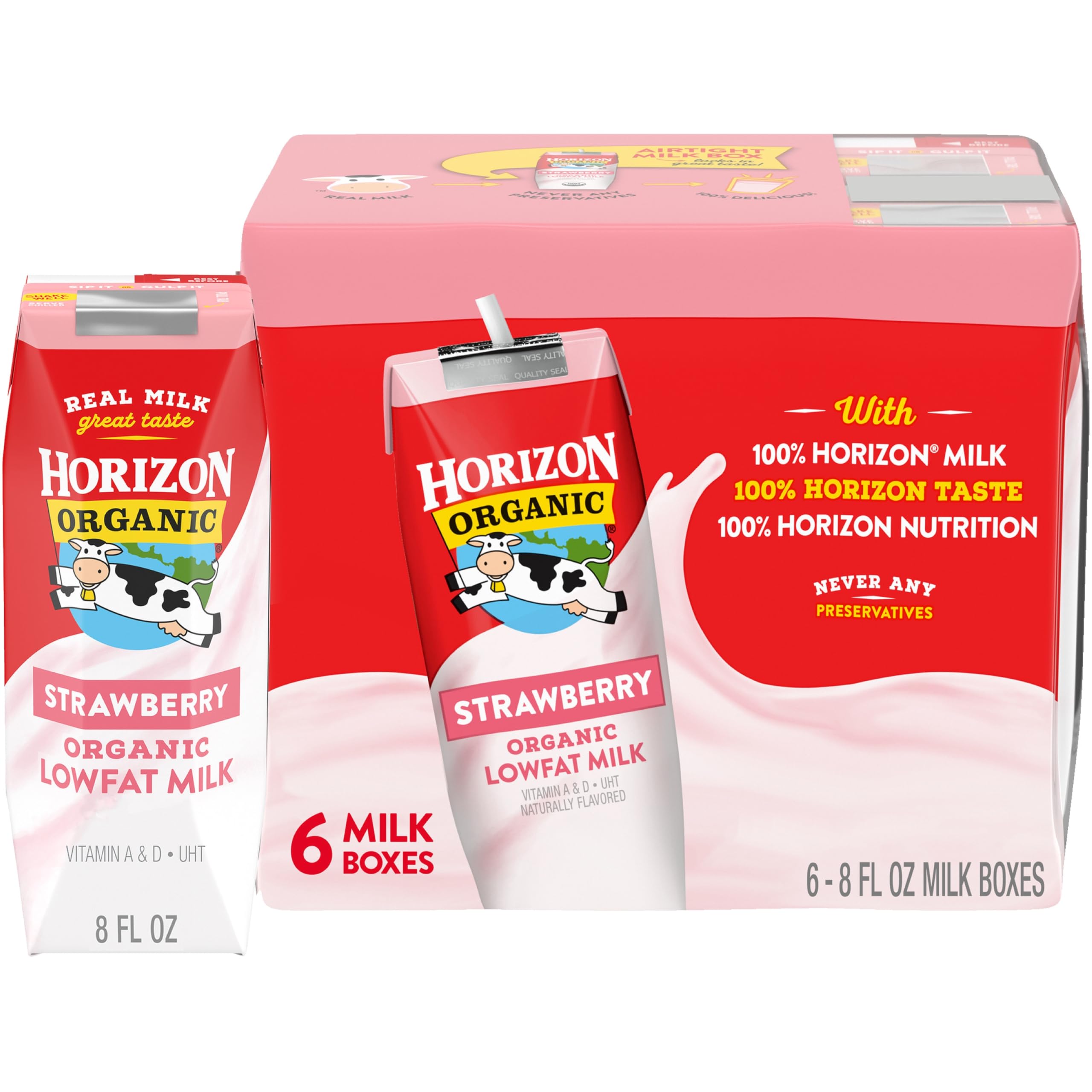 Horizon Organic Shelf Stable 1% Lowfat Strawberry Milk Boxes, 6ct | 8g Protein per Serving, USDA Organic, No Refrigeration Required, Lunchboxes, On The Go, For Adults & Kids