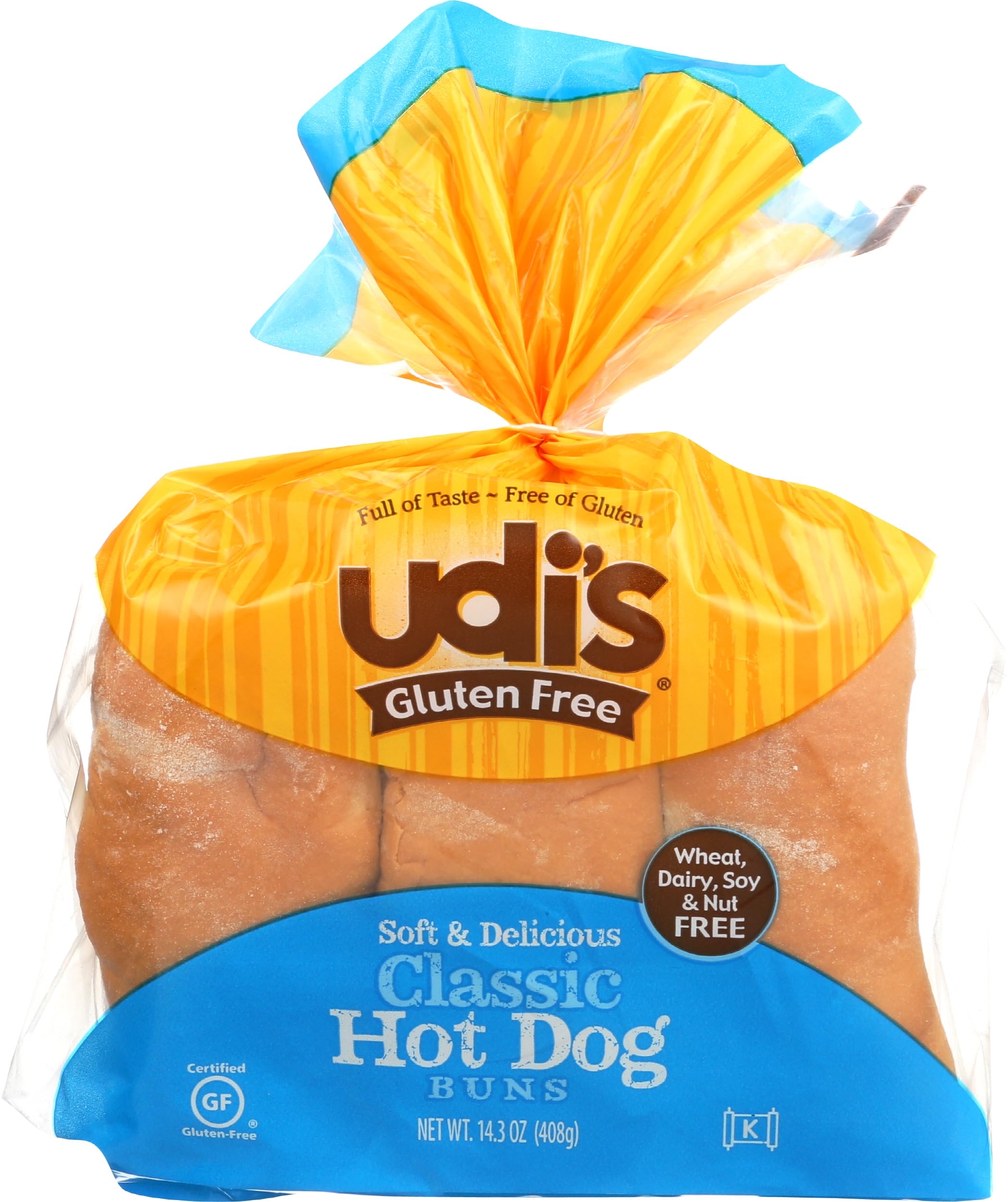 Udi's Gluten Free Classic Hot Dog Buns, Frozen, 14.3 Ounce | 4g fiber per serving; gluten-free hot dog buns with soft texture for hot dogs, sandwiches and cookouts