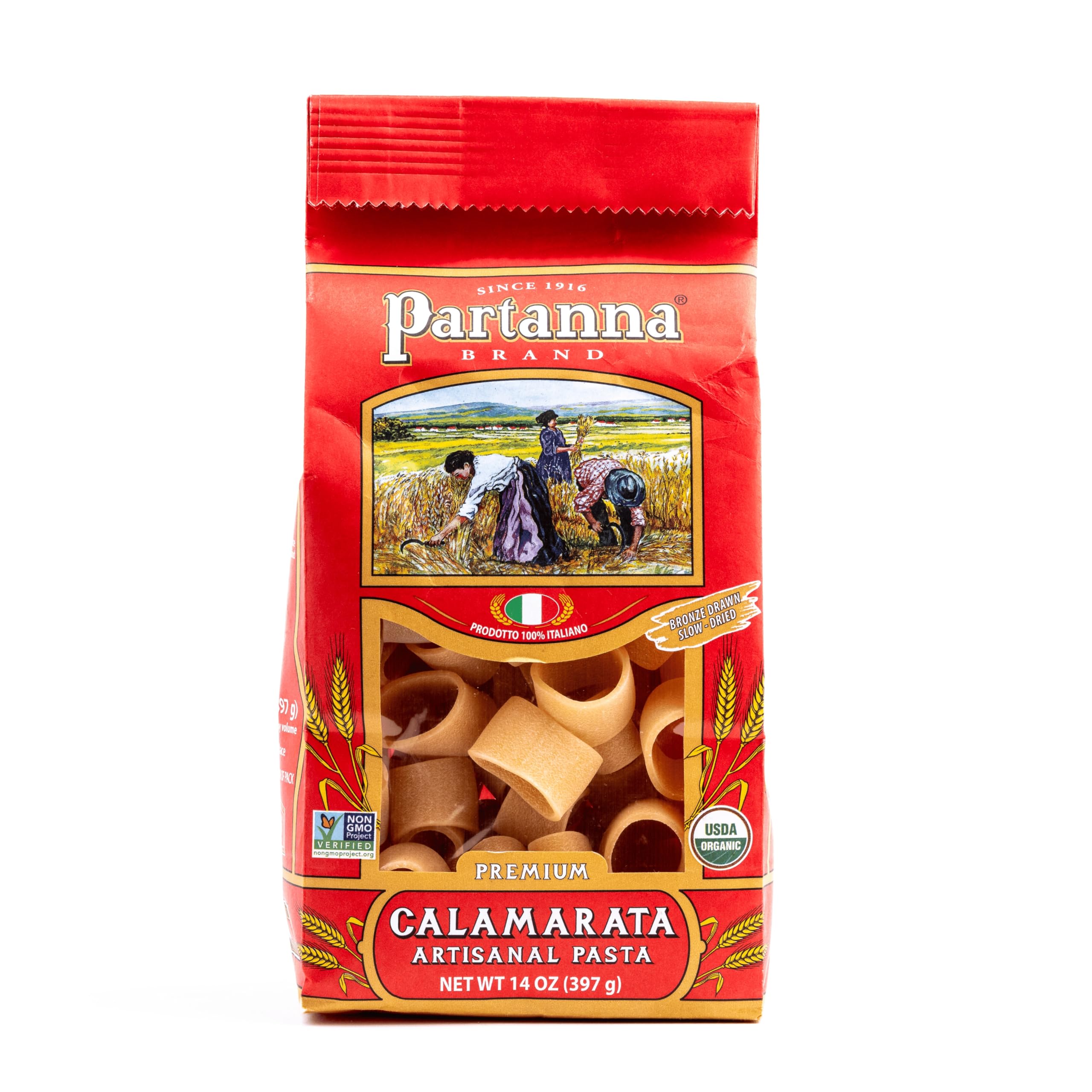 Partanna Organic Premium Calamarata Italian Artisanal Pasta, 14 oz | Premium, Bronze Cut, High Quality Durum Wheat Semolina, Slow Dried, NON-GMO, Made in Italy