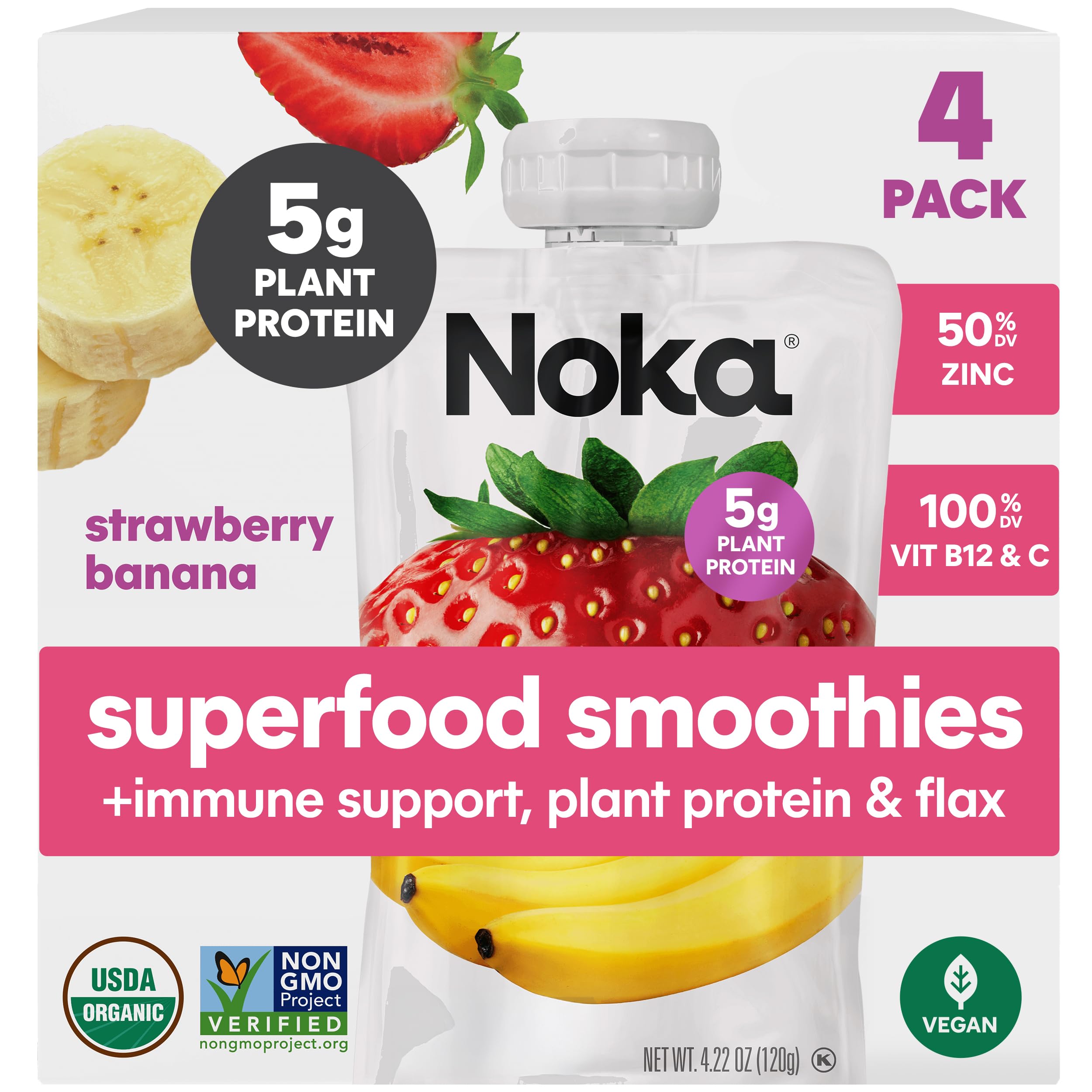Noka Organic Strawberry Banana Superfood Smoothie 4pk, 4.22 OZ