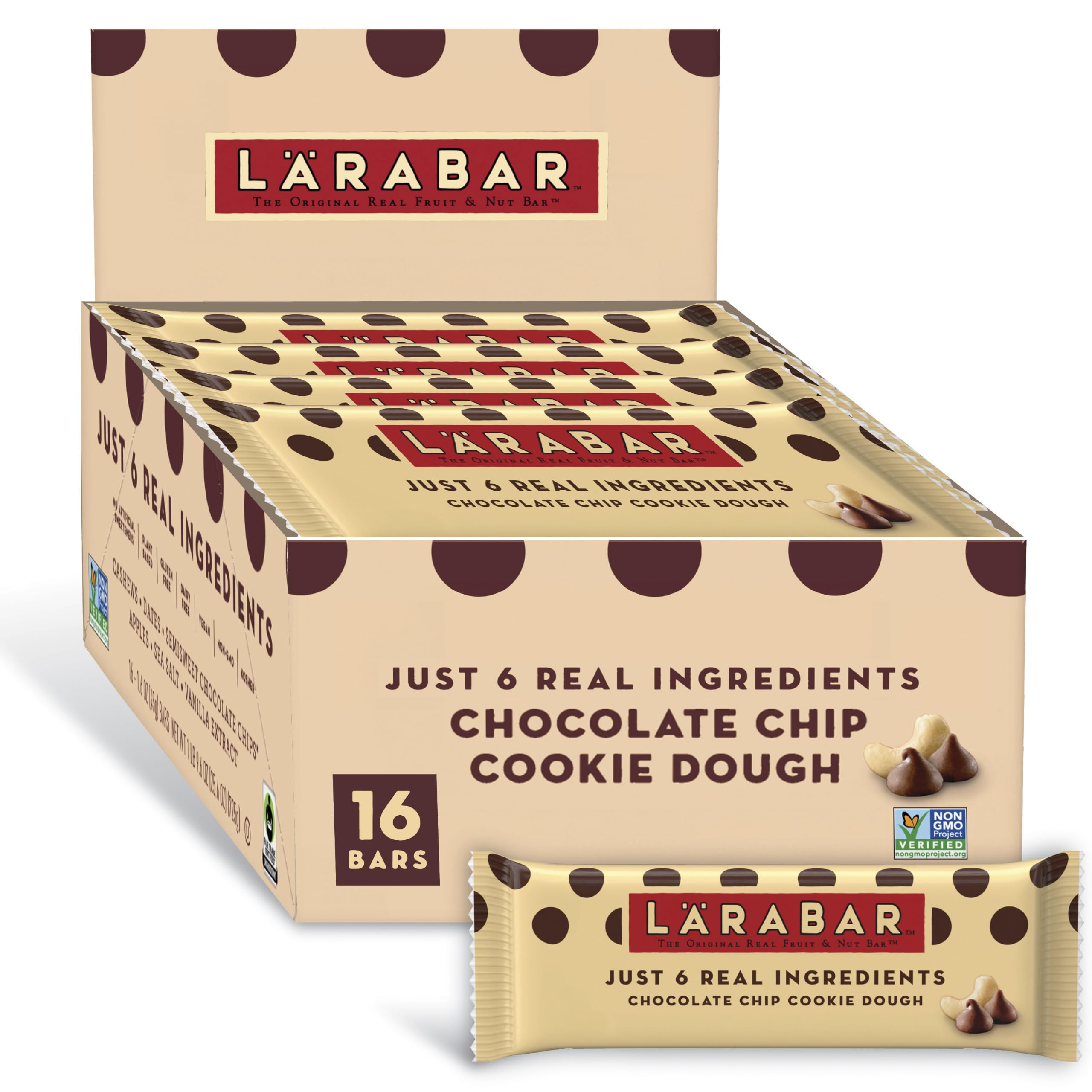 Larabar Chocolate Chip Cookie Dough, Fruit & Nut Bars, 16 ct, 25.6 oz | Gluten-Free, Vegan, Dairy Free, Non-GMO, Fair Trade Choc Chips, 6 Real Ingredients, No Artificial Sweeteners