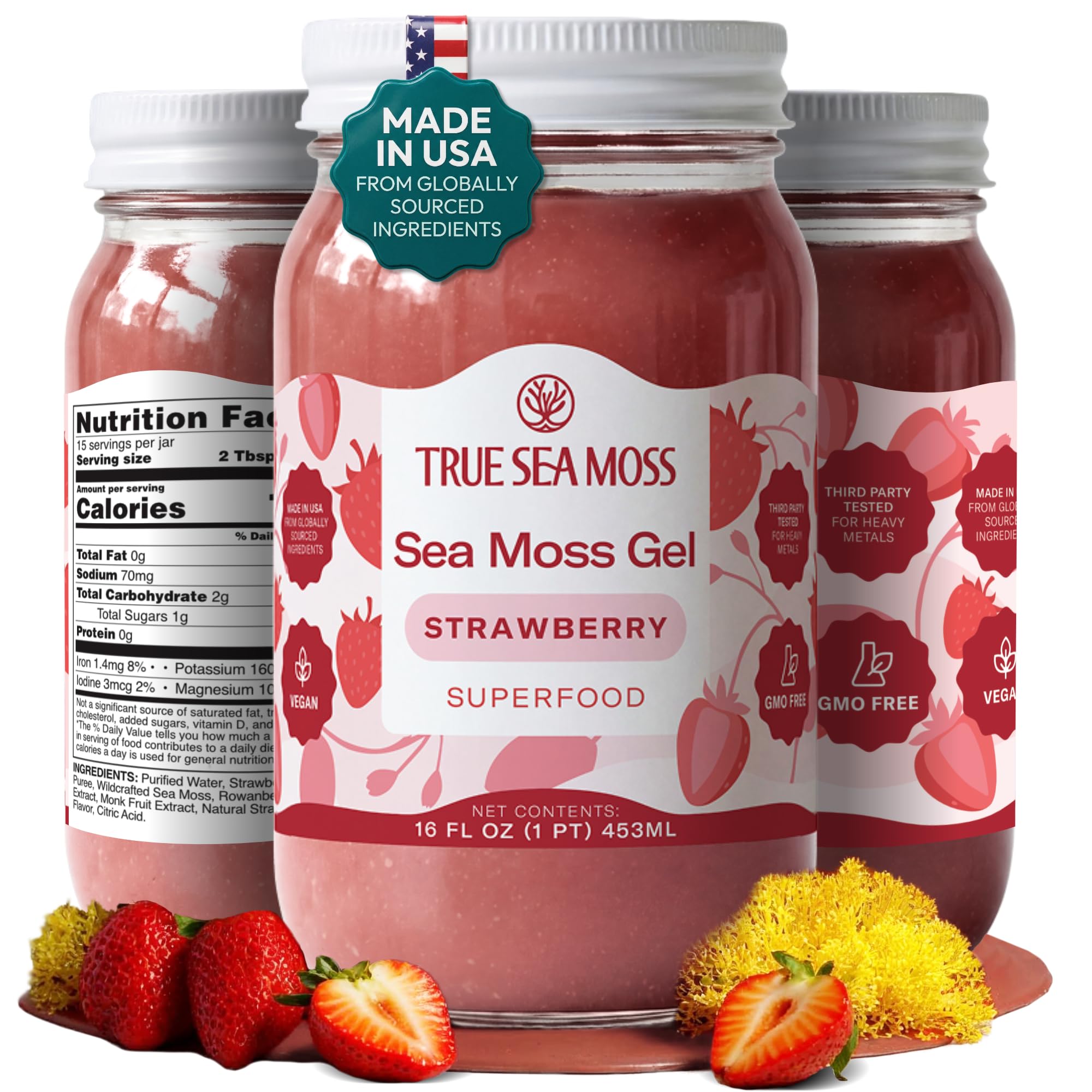 True Sea Moss – Sea Moss Gel – Strawberry, Pack of 1 (Labels may Vary) | No Sugar, Vegan, Non-GMO, GMP, Gluten-Free, Halal – Wildcrafted Seamoss & Jarred Fruits – Vitamins & Minerals