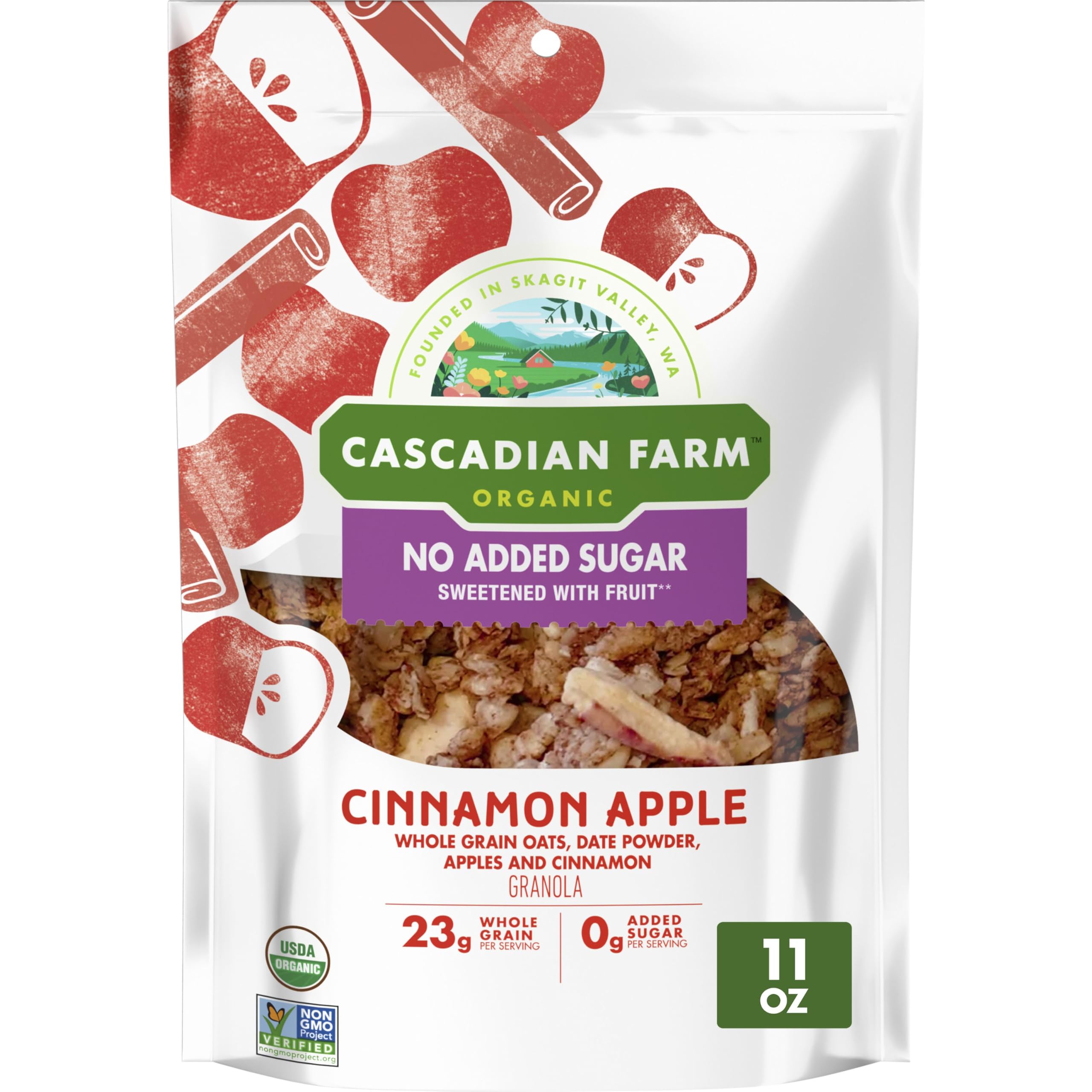 Cascadian Farm Organic Cinnamon Apple Granola, No Added Sugar, 11 oz | Sweetened with Date Powder, 0g Added Sugar, 23g Whole Grain per Serving, Non-GMO Verified, Resealable