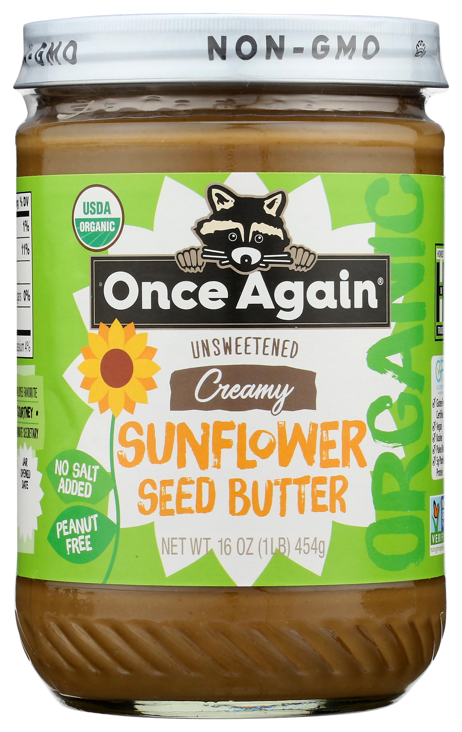 Once Again Organic Sunflower Butter, Unsweetened, No Salt & No Sugar Added - Creamy Sunflower Seed Butter, Dairy and Nut Free Spread - Vegan, Non-GMO, Gluten Free (16 oz Glass Jar)