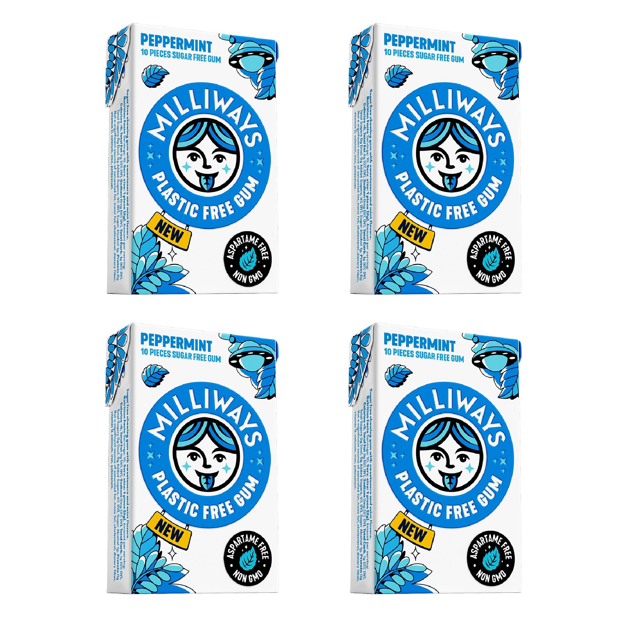 Milliways Peppermint Chewing Gum | Plastic Free | 40 Pcs (4 Packs of 10) | Plastic Free, Xylitol, Plant-based, Aspartame Free, Sugar Free, Gluten Free, NON-GMO, Vegan, Kosher, Natural Chewing Gum