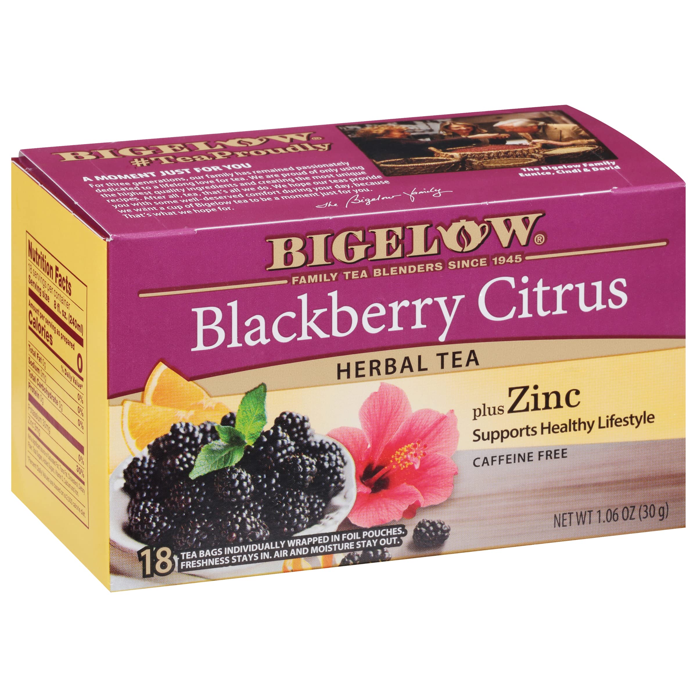 Bigelow Tea Blackberry Citrus plus Zinc Herbal Tea, Caffeine Free, 18 Total Tea Bags (Pack of 1)