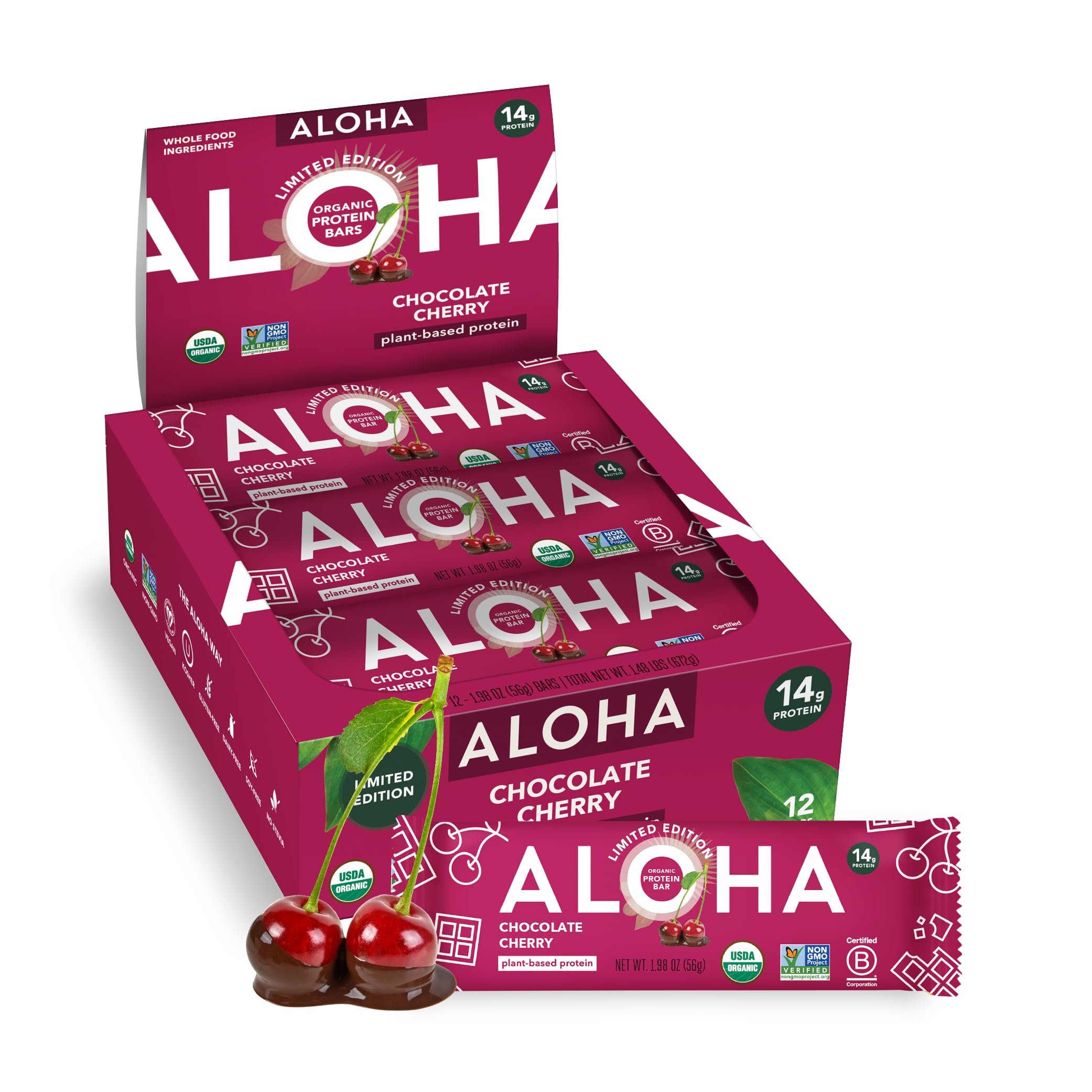 ALOHA Organic Plant Based Protein Bars | Chocolate Cherry, 12 Ct, 5g Sugar | 14g Plant-Based Protein, 10g Fiber | GLP-1 & Keto Friendly, No Sucralose or Stevia | Non-GMO, Vegan, Gluten, Dairy & Soy Free