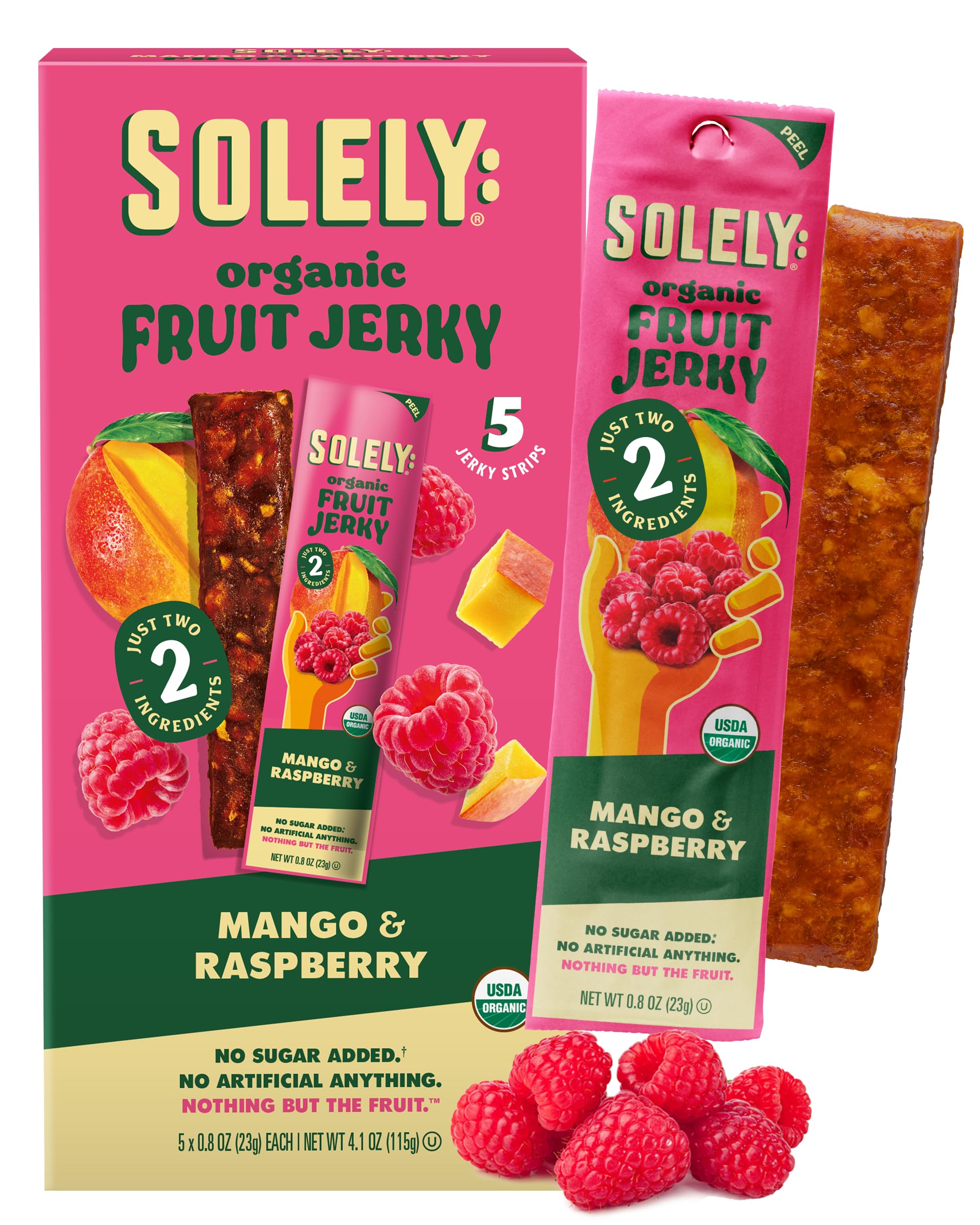 SOLELY - Organic Mango Raspberry Fruit Jerky - 5 Individually Wrapped Fruit Strips - Fruit Leather - Healthy Snacks for Adults & Kids - Non GMO, Vegan Snacks - 0.8oz (23g)