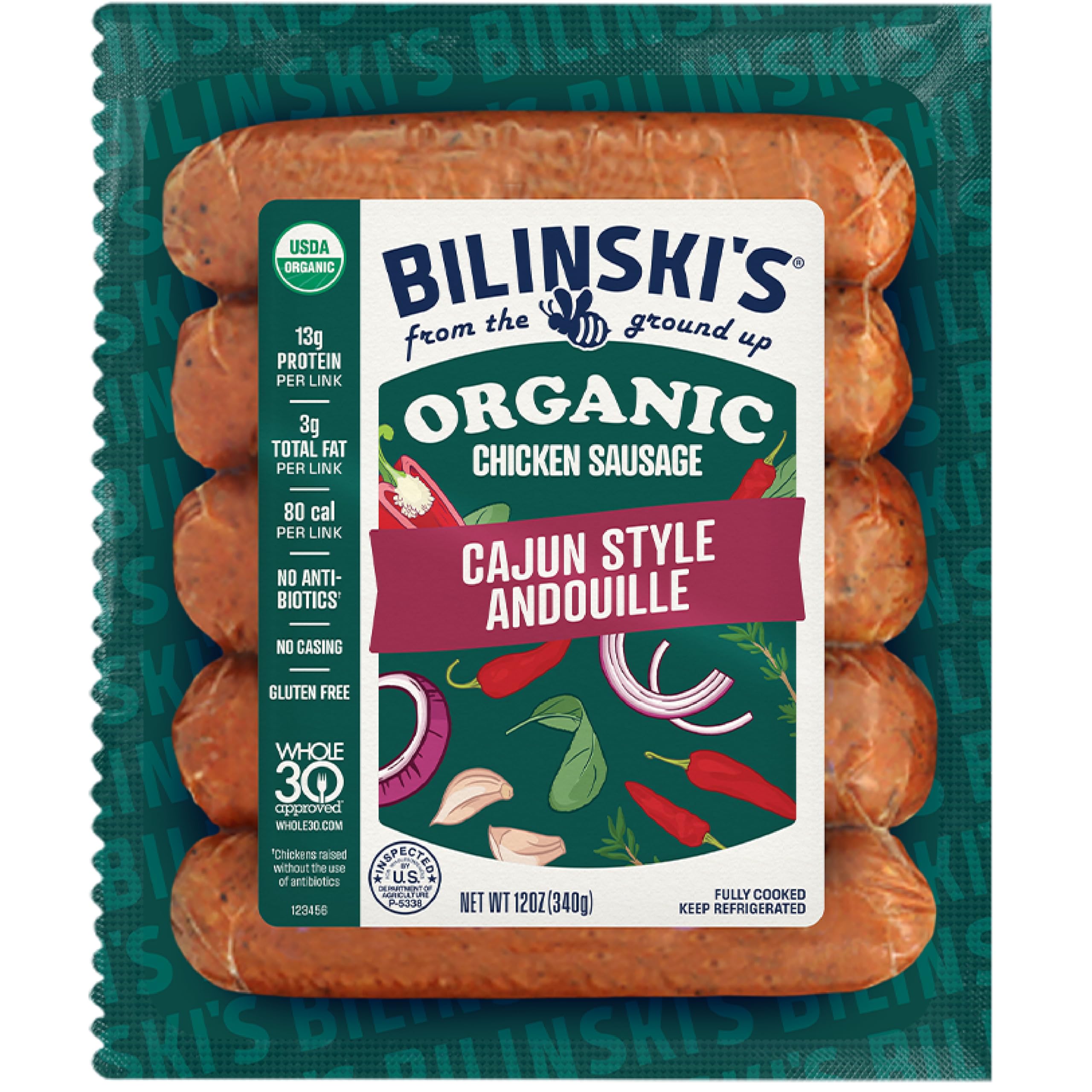 Bilinski's Organic Spicy Cajun-Style Chicken Sausage, 13g Protein/80 Calories, Fully Cooked, GAP Certified Chicken, No Antibiotics, No Nitrates, No Additives, Casing Free, 12oz