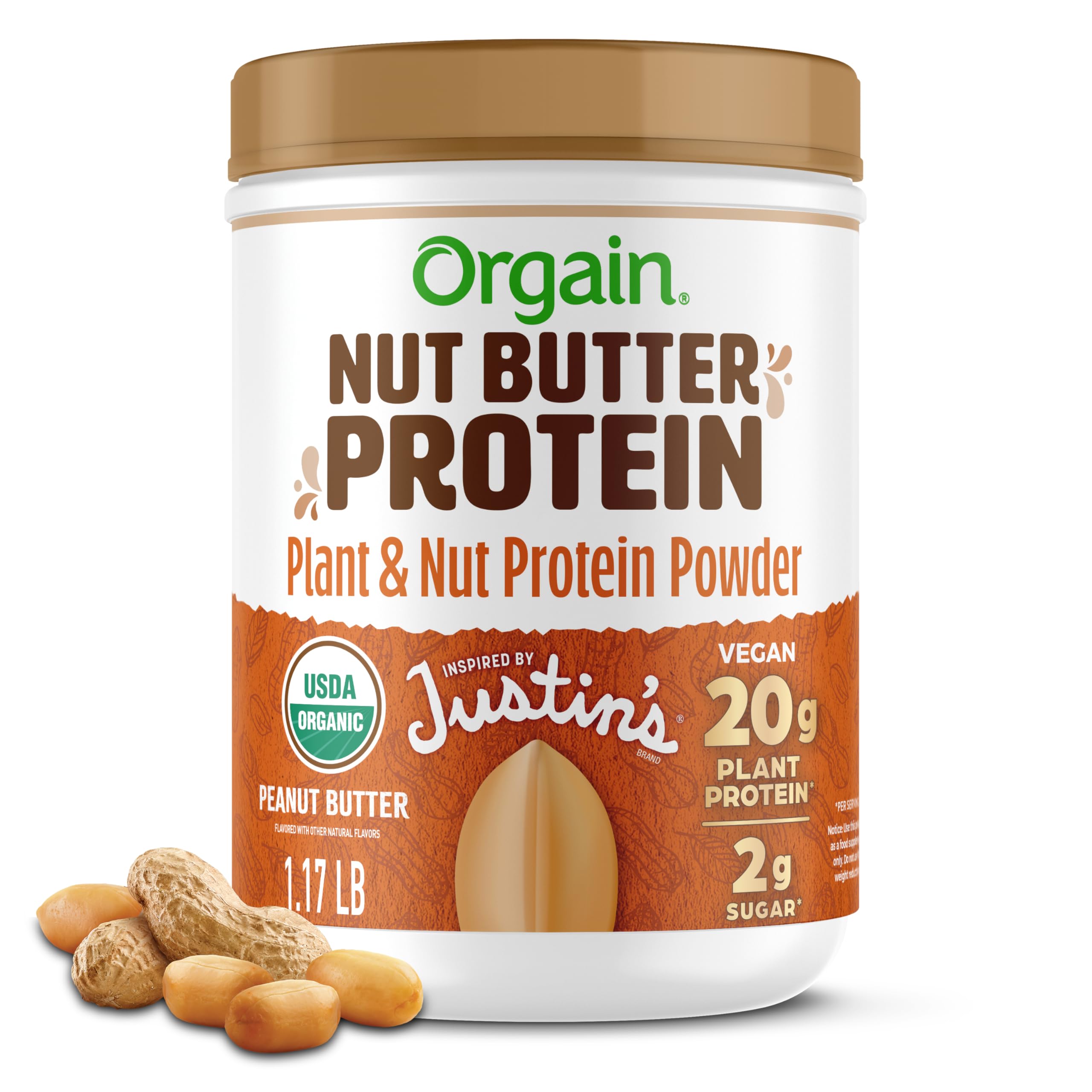 Orgain X Justin's 20g Protein Powder, Peanut Butter, 1.17lb | Organic plant based nut butter protein, 2g sugar, gluten free, no dairy or soy ingredients, no artificial flavors