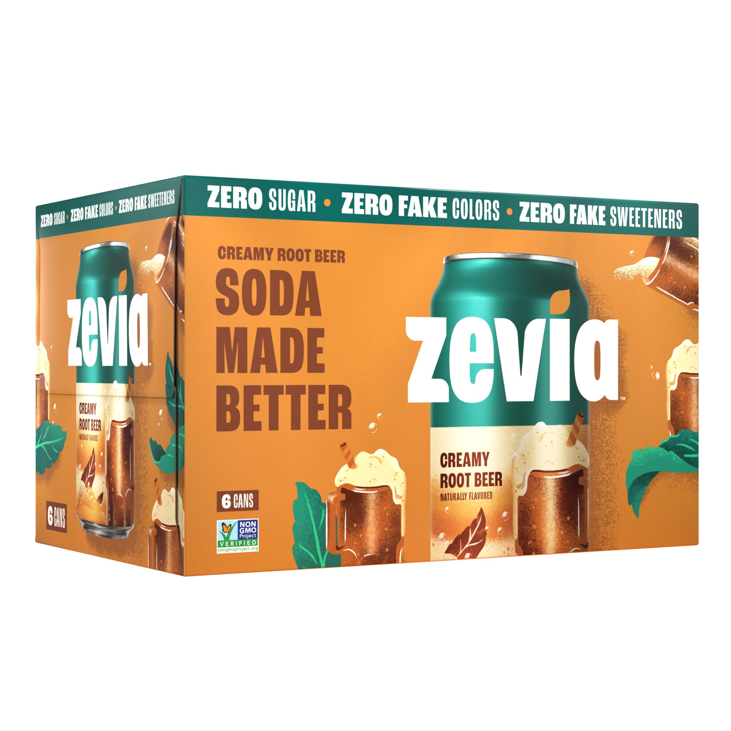 Zevia Zero Calorie Soda, Creamy Root Beer, 12 Ounce Cans (Pack of 6)