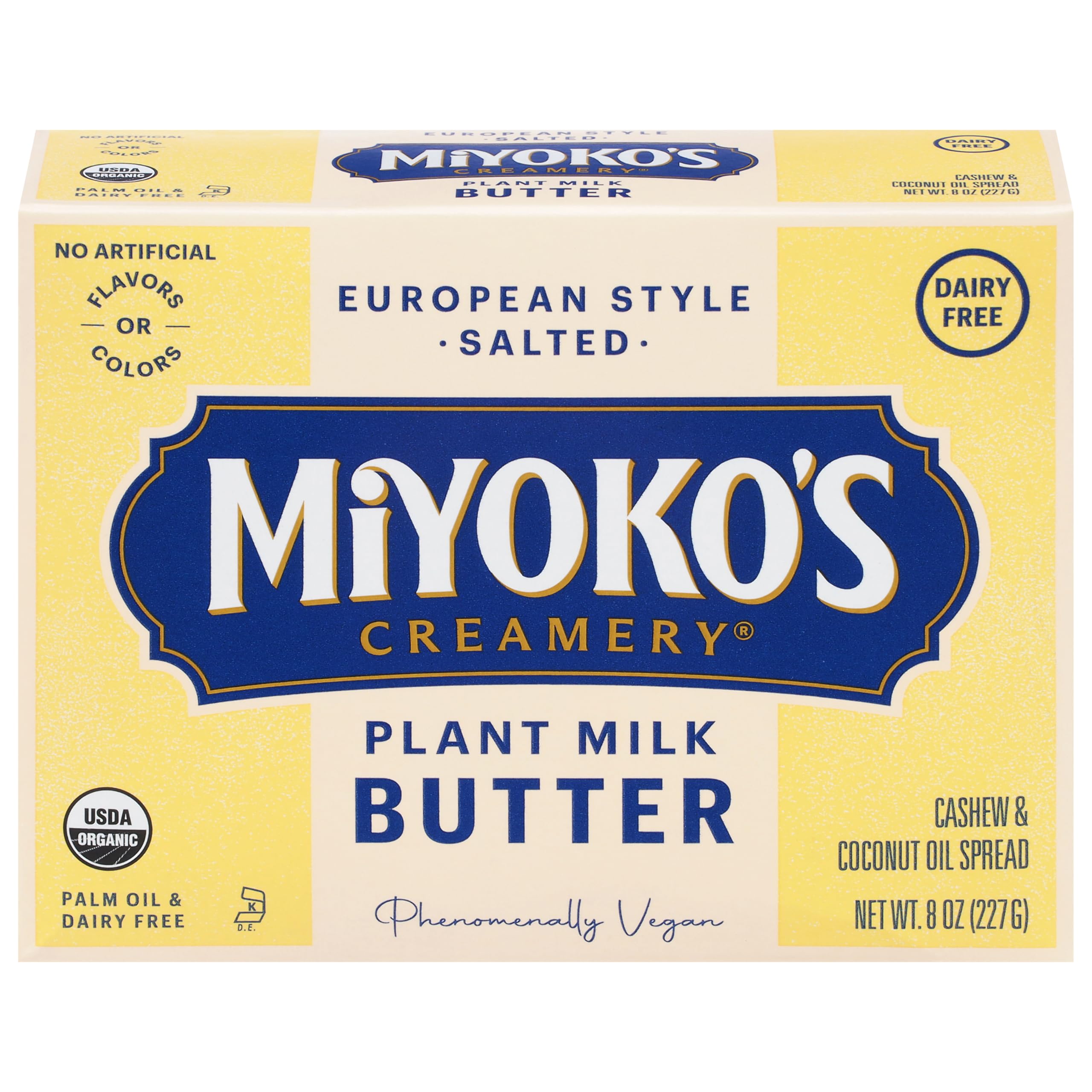 MIYOKO'S CREAMERY Organic Salted Vegan Butter, European Style Cultured Plant Milk Butter, 8 Ounce (Pack of 1)