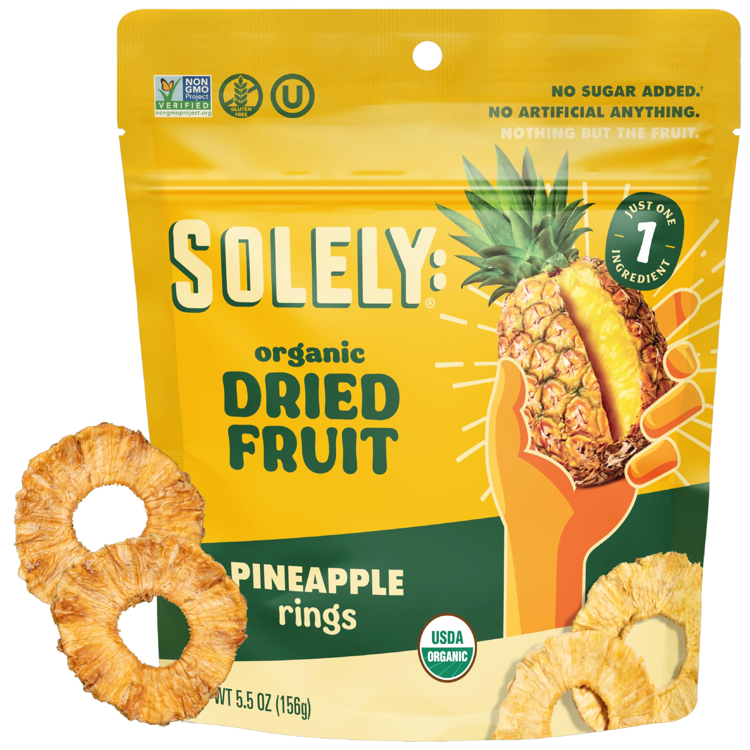 SOLELY - Organic Dried Pineapple Rings (5.5 oz Resealable Bag) - Real Fresh Fruit - 1 Ingredient - Healthy Snacks for Adults & Kids - Non GMO, Vegan Snacks, Shelf Stable - 1 Bag (5.5 oz)