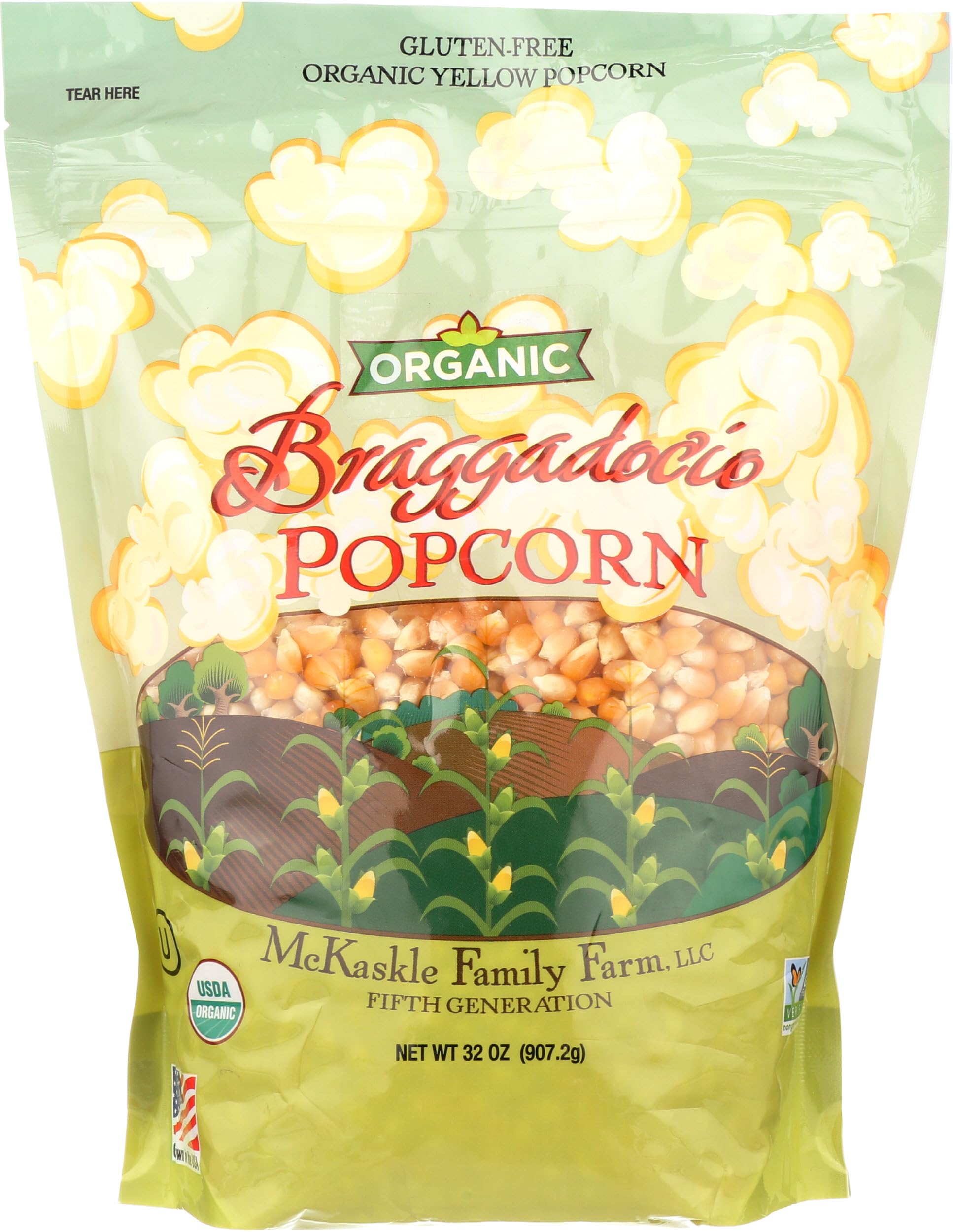 Braggadocio Popcorn Yellow Organic, 32 Ounce