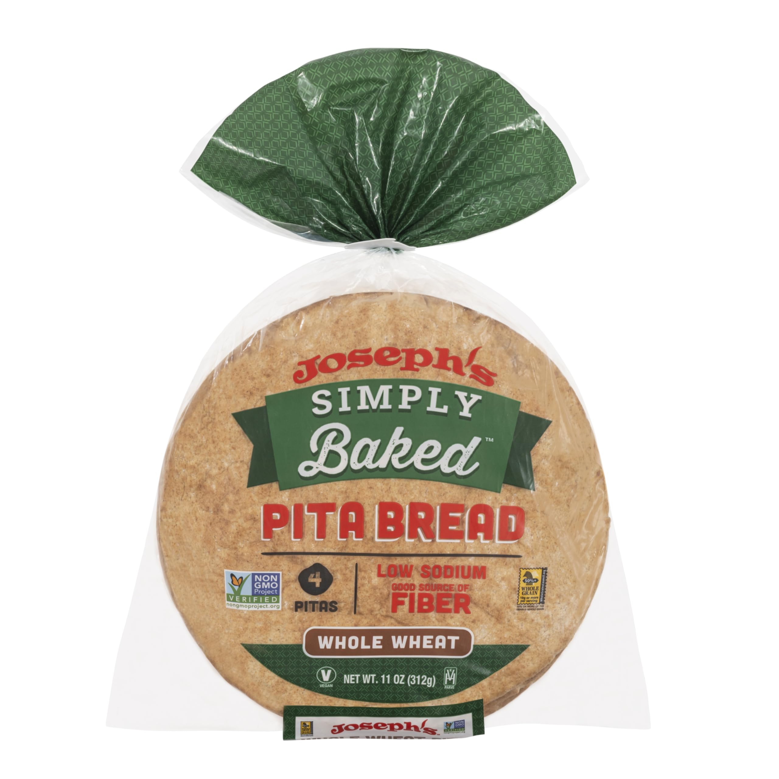 Joseph's Simply Baked Whole Wheat Pita, 1-Pack | GMO Free, Vegan | Fresh Baked (4 Pitas per Pack, 11oz.)