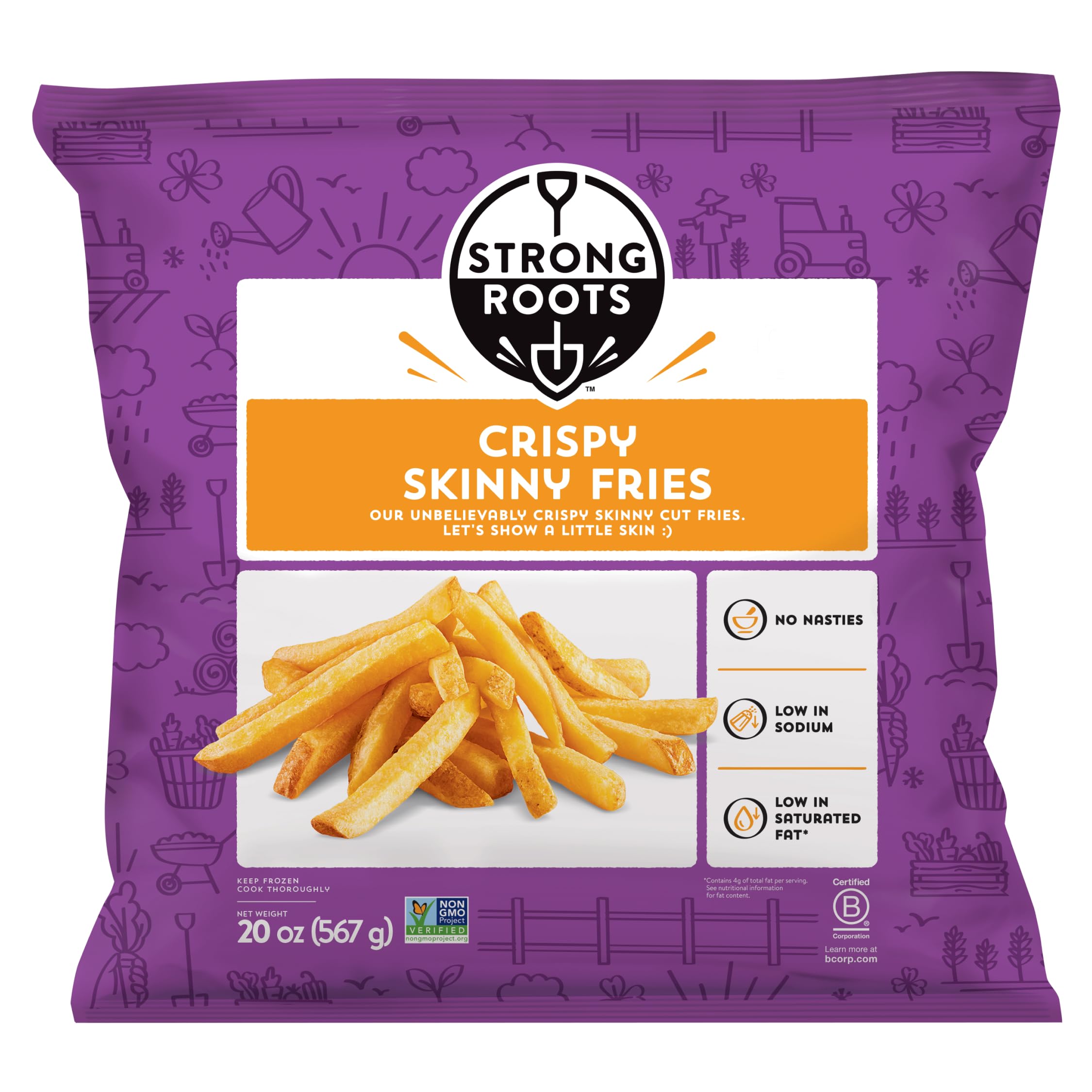 Strong Roots Crispy Skinny Fries, 20 oz, Vegan & Gluten Free, No Sugar, Low in Salt & Saturated Fat