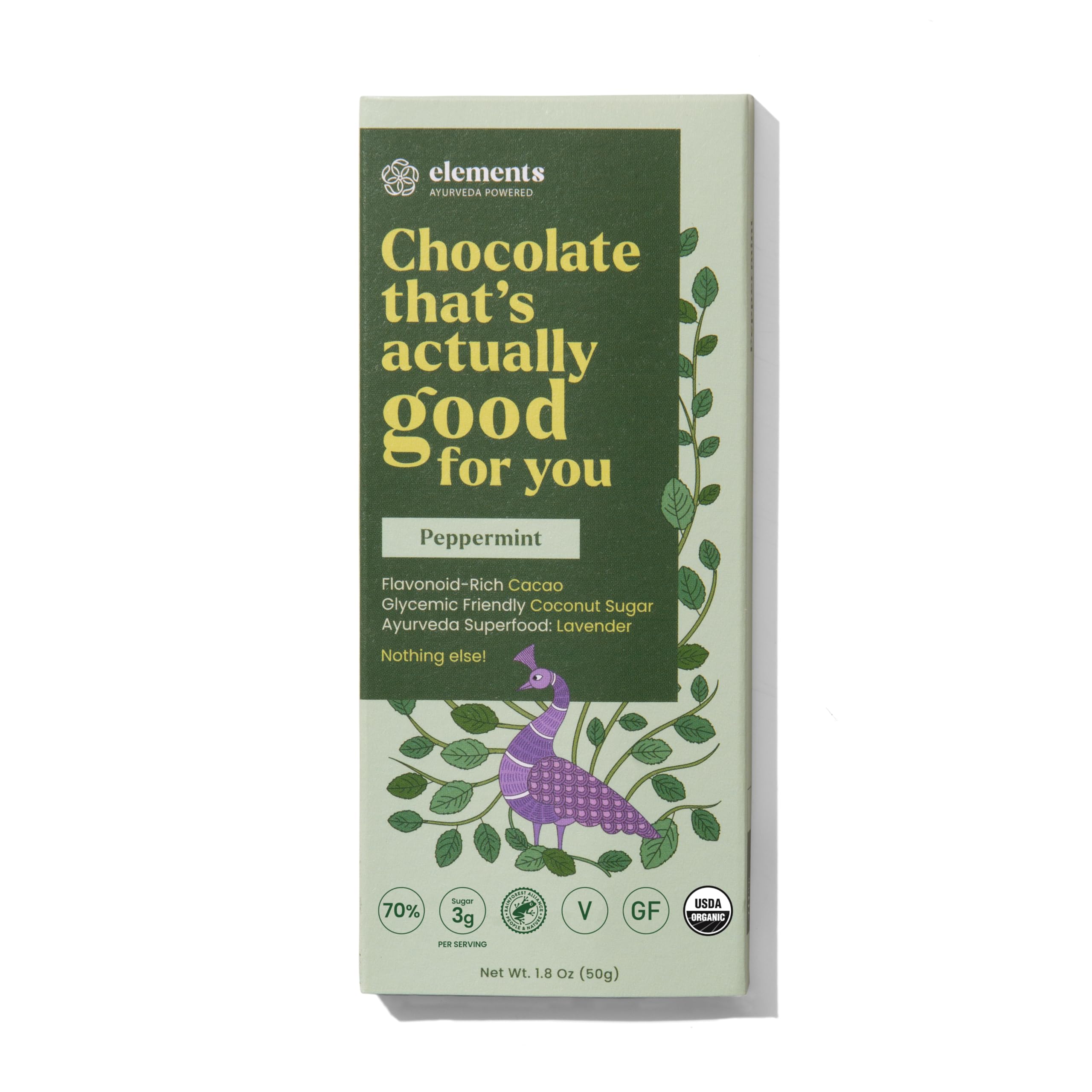 Elements Truffles Peppermint Flavoured Dark Chocolate Bar| Ayurvedic, Vegan & Gluten Free | No Refined Sugar & Artificial Flavours | Enriched with Cocoa, Coconut Sugar & Lavender 50g