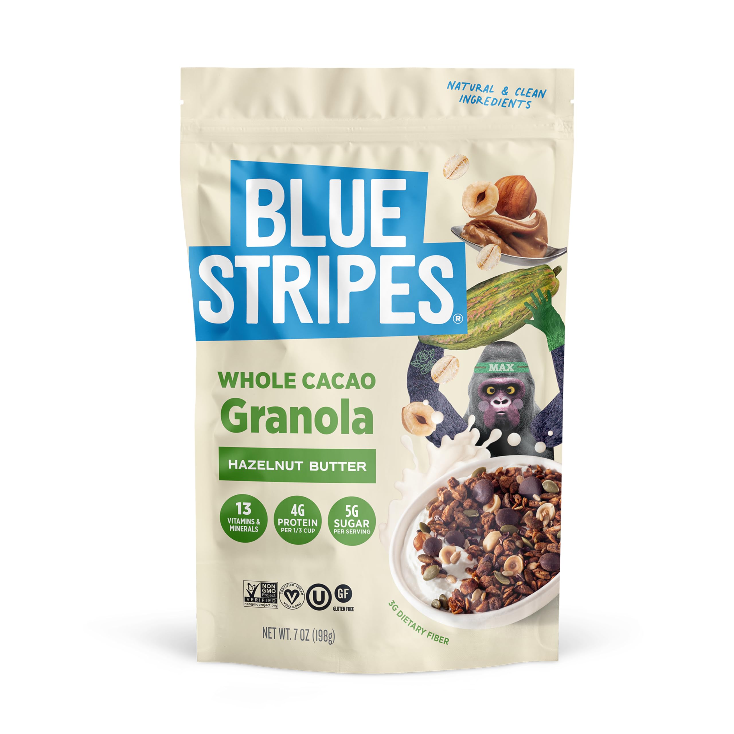 Blue Stripes Whole Cacao Granola - Gluten Free Dark Chocolate Granola for Cereal, Oatmeal, Yogurt, 4g Protein Per Serving, Source of Fiber, Vegan, Low Sugar - Hazelnut Butter, 7 oz