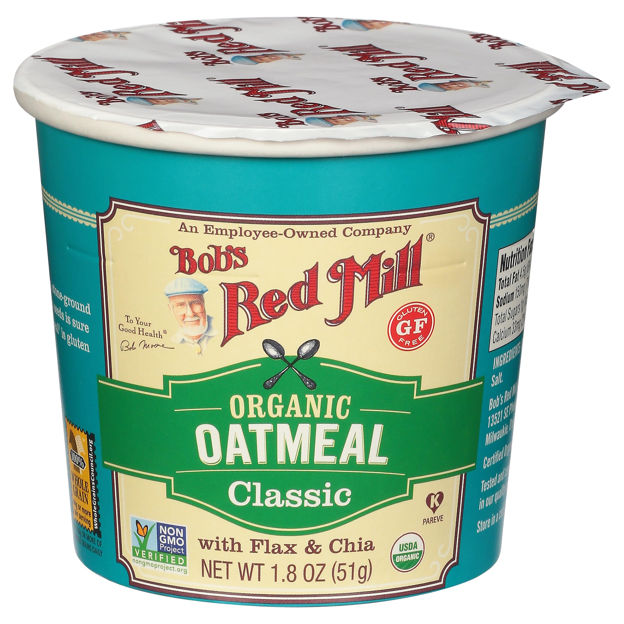 Bob's Red Mill Organic Gluten Free Oatmeal Cup, Classic with Flax/Chia, 1.8 Ounce (Pack of 1), Non-GMO, Whole Grain, Kosher