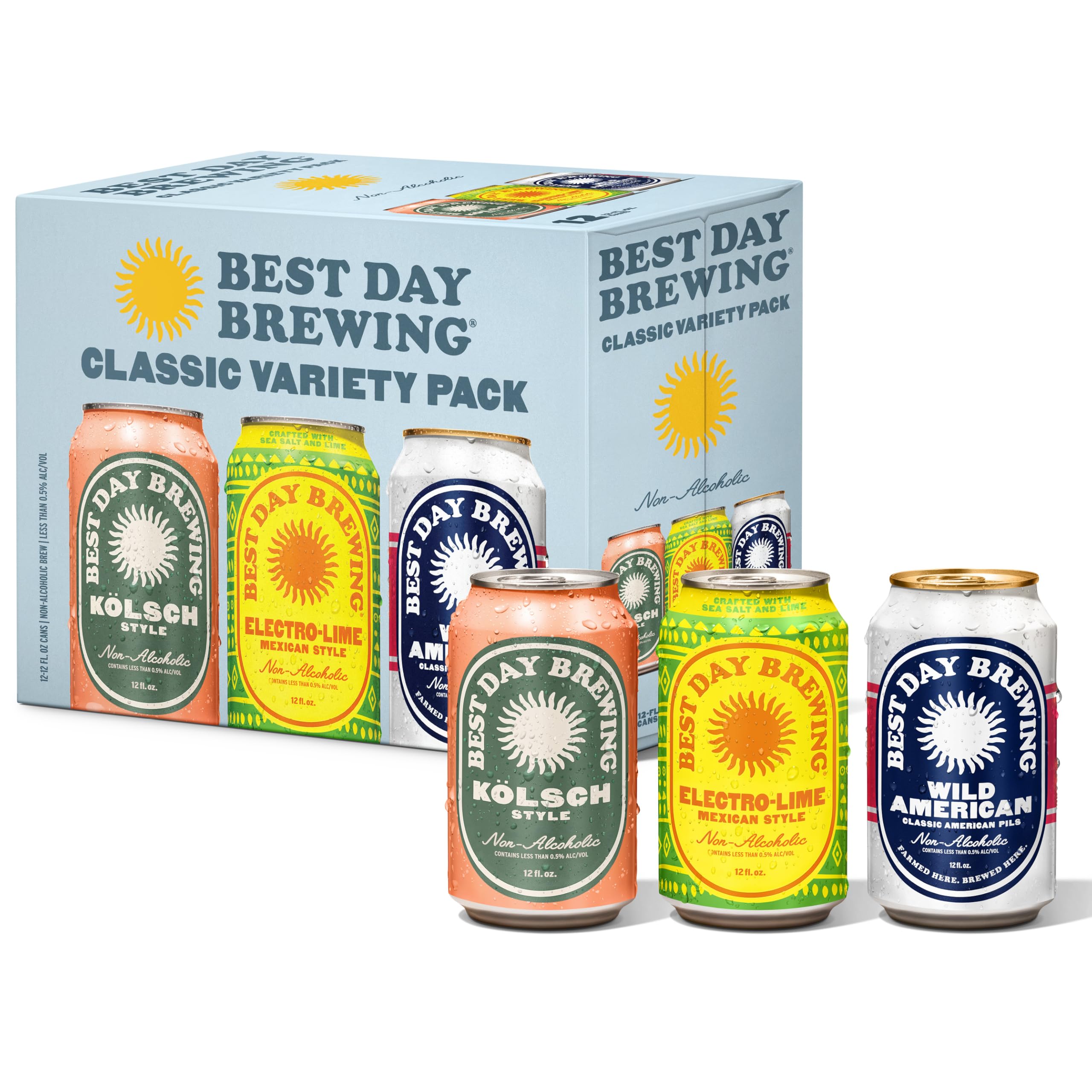 Best Day Brewing Craft Non Alcoholic Beer, Variety Pack, 12 Pack, Low Carb & Low Calorie NA Beer, Kölsch, Electro-Lime, and Wild American, Non Alcoholic Drinks for Adults, 12 fl oz Cans