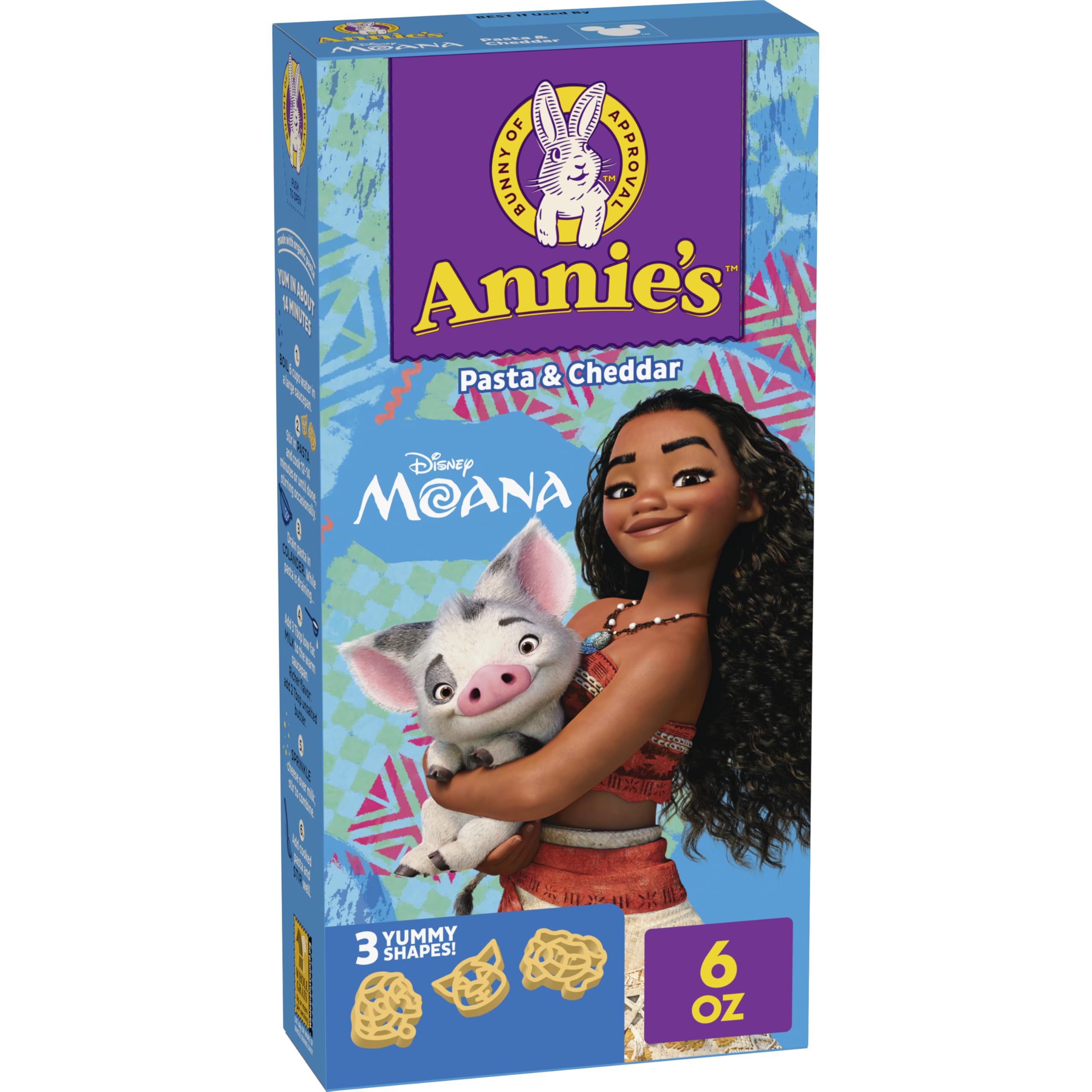 Annie's Disney Moana Shapes Cheddar Mac & Cheese, 6 oz | Organic Pasta Featuring Moana, Pua and Maui Pasta, 8g Whole Grain Per Serving, Easy Kid Dinner or Snack