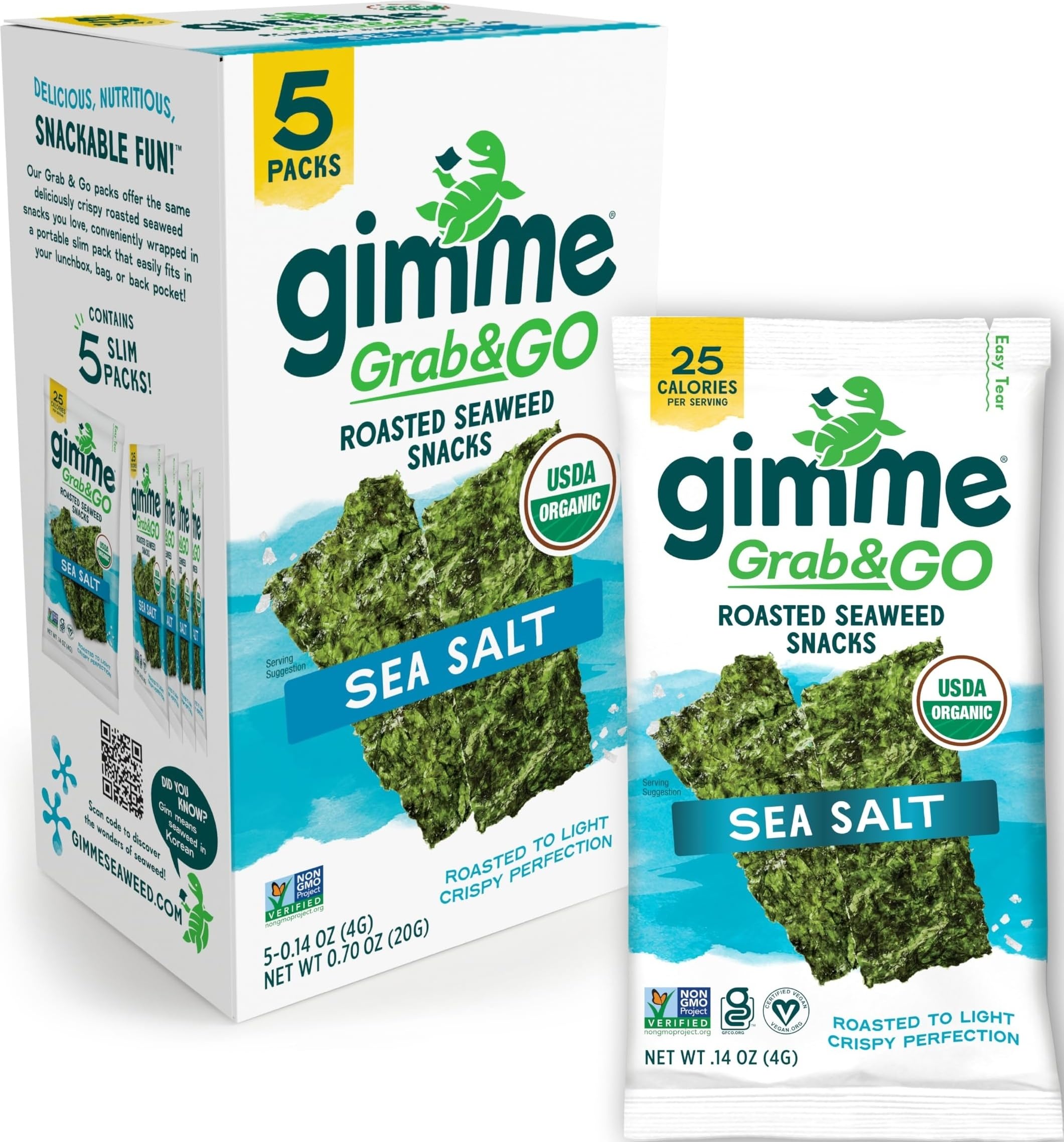 Gimme 5 CT Sea Salt Grab & Go Organic Roasted Seaweed Snacks, 4g, 0.14oz | Keto, Vegan, Gluten Free, Great Source of Iodine & Omega 3’s, Healthy On-The-Go Snack for Kids Adults