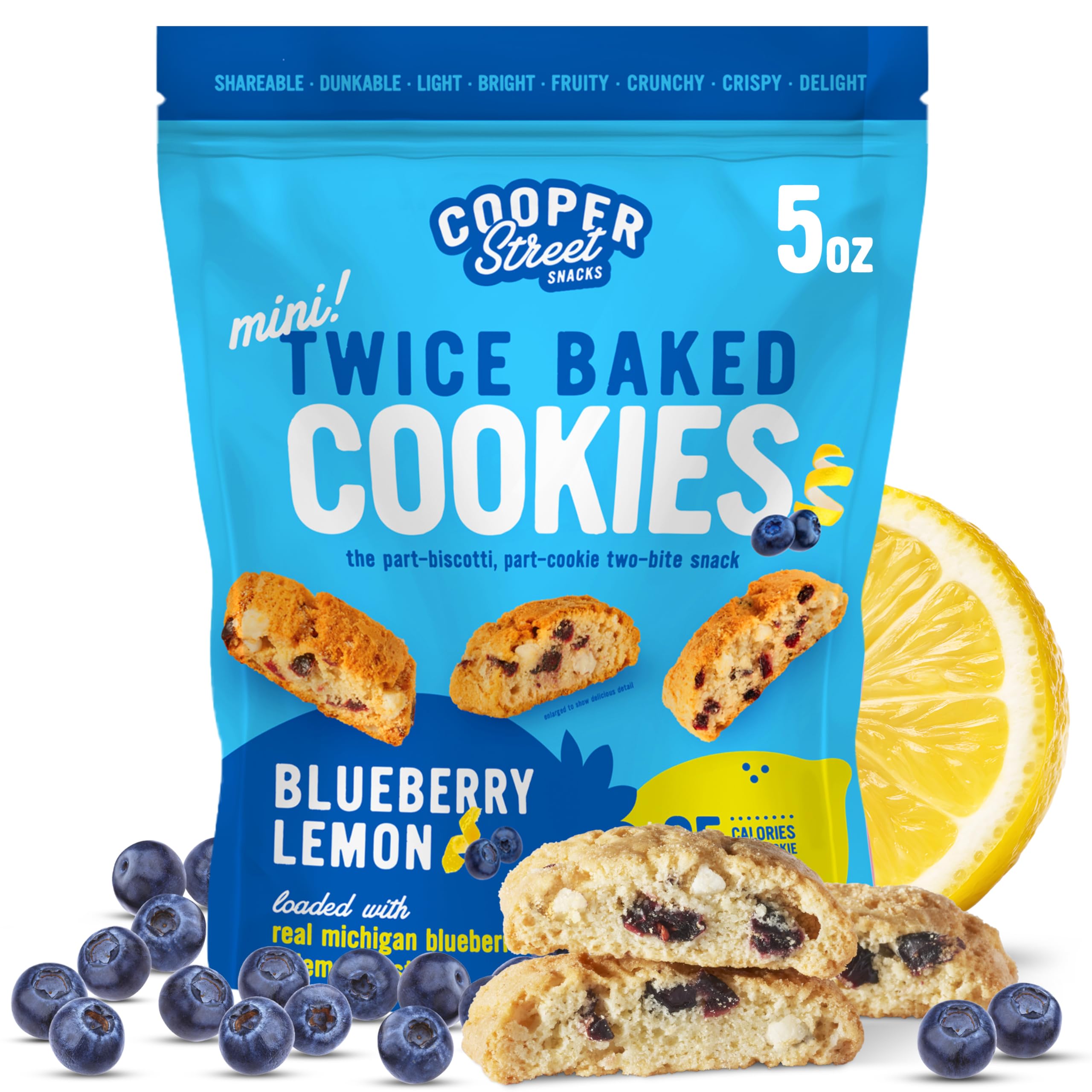 Cooper Street Bakery Lemon Blueberry Cookies, 5 OZ | Twice Baked Italian Style Biscotti Cookies, Peanut, Soy & Dairy Free, Low Sodium Snacks, Kosher, Perfect With Coffee Or Tea