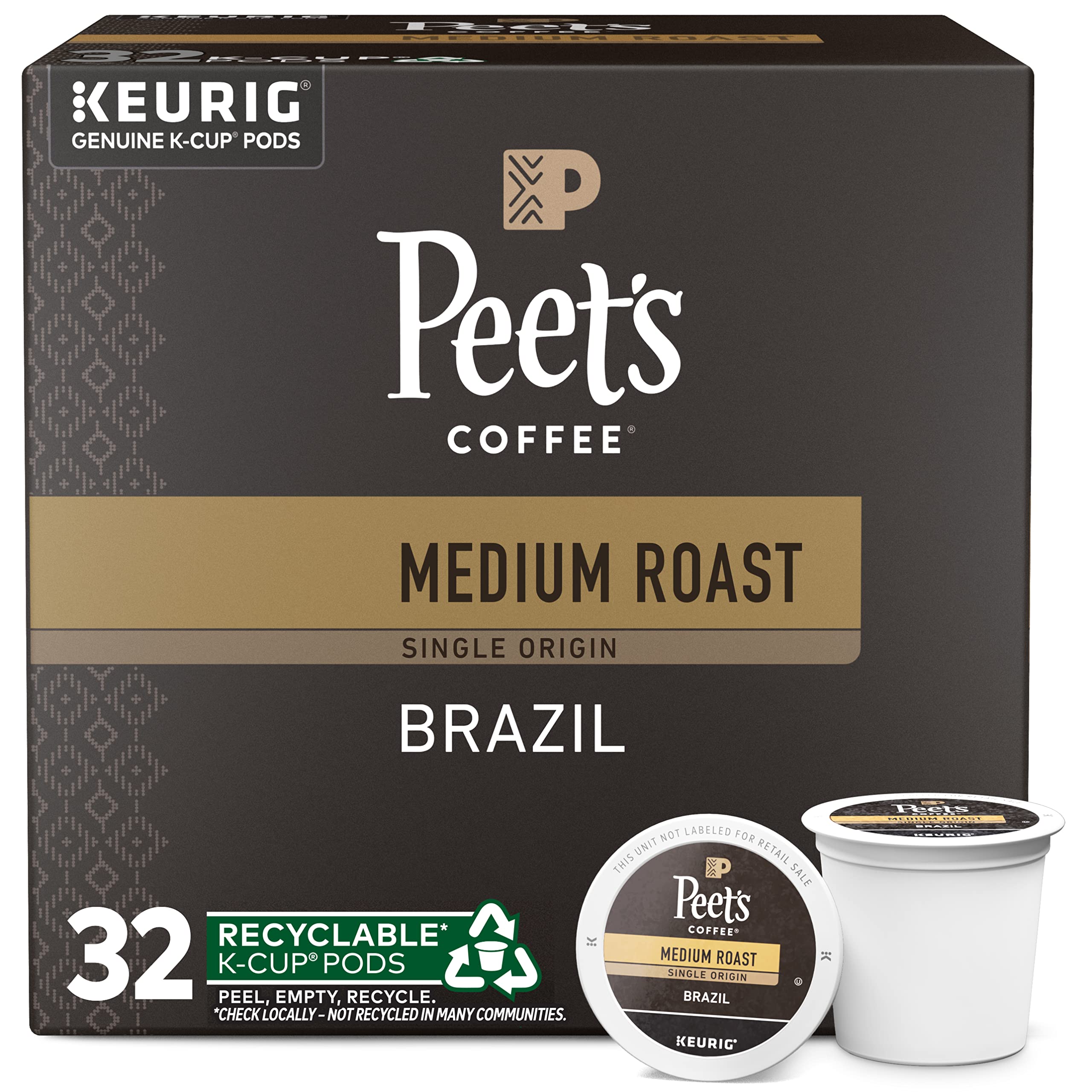 Peet's Coffee Coffee Pods, Medium Roast, Single Origin Brazil, 32 K Cups