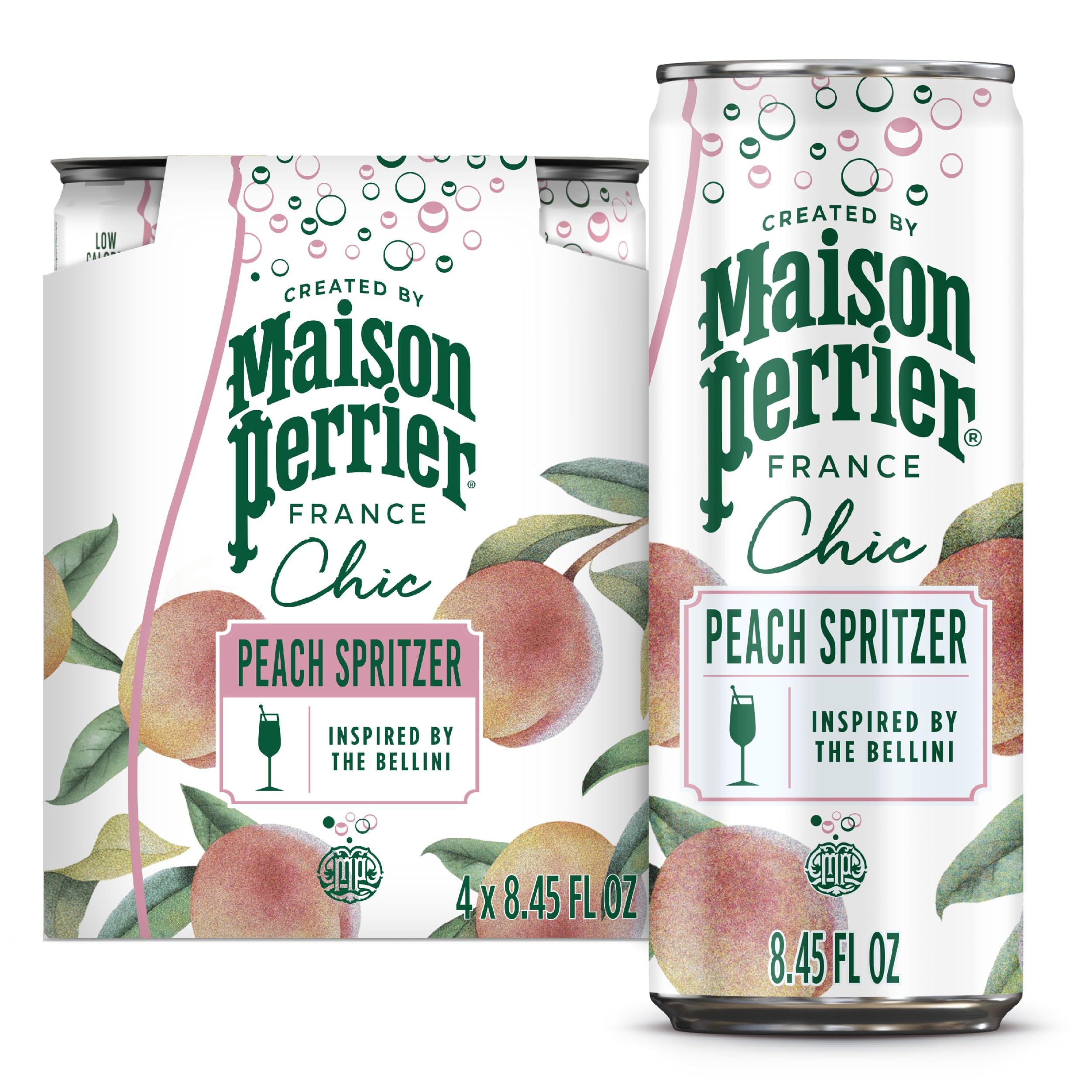Maison Perrier Chic Peach Spritzer, Peach Flavored Sparkling Beverage, Mocktail, 4PK