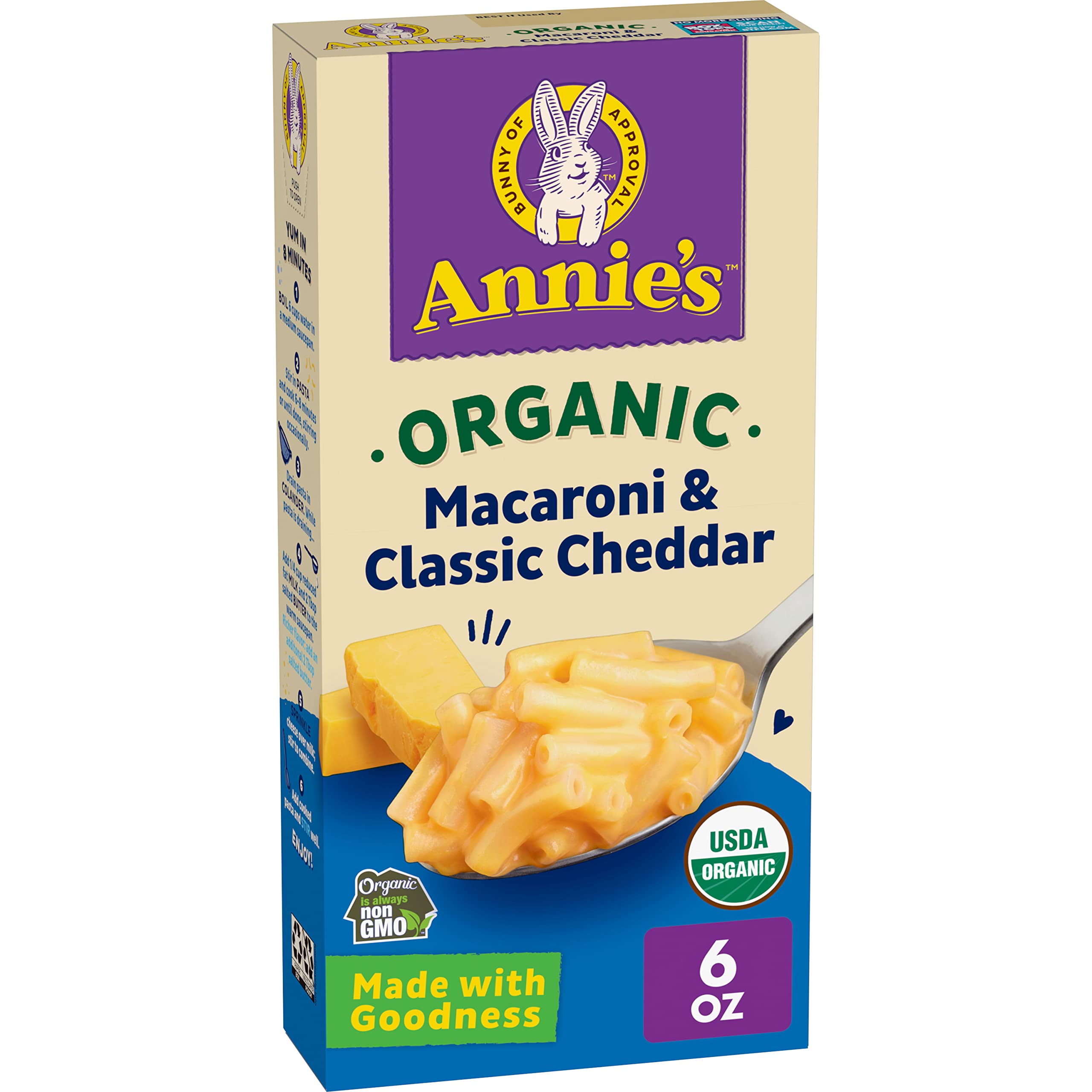 Annie's Organic Classic Cheddar Mac & Cheese, 6 oz | USDA Certified Organic, Real Cheddar Cheese, No Artificial Flavors or Synthetic Colors, Ready in About 8 Minutes