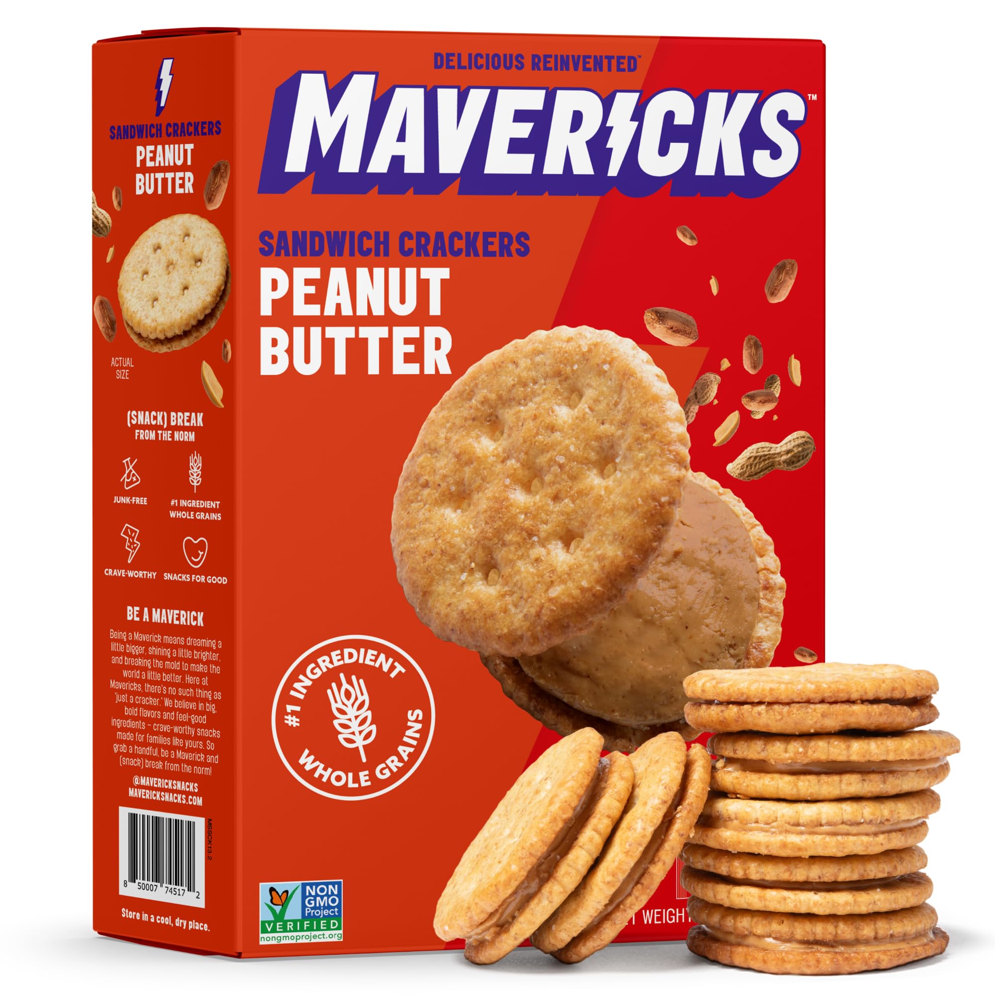 Mavericks Sandwich Crackers Peanut Butter - Plant-based Peanut Butter Sandwich Snack Crackers, Whole Grain, Non-GMO - Back to School - 7 oz Box (1 Pack)