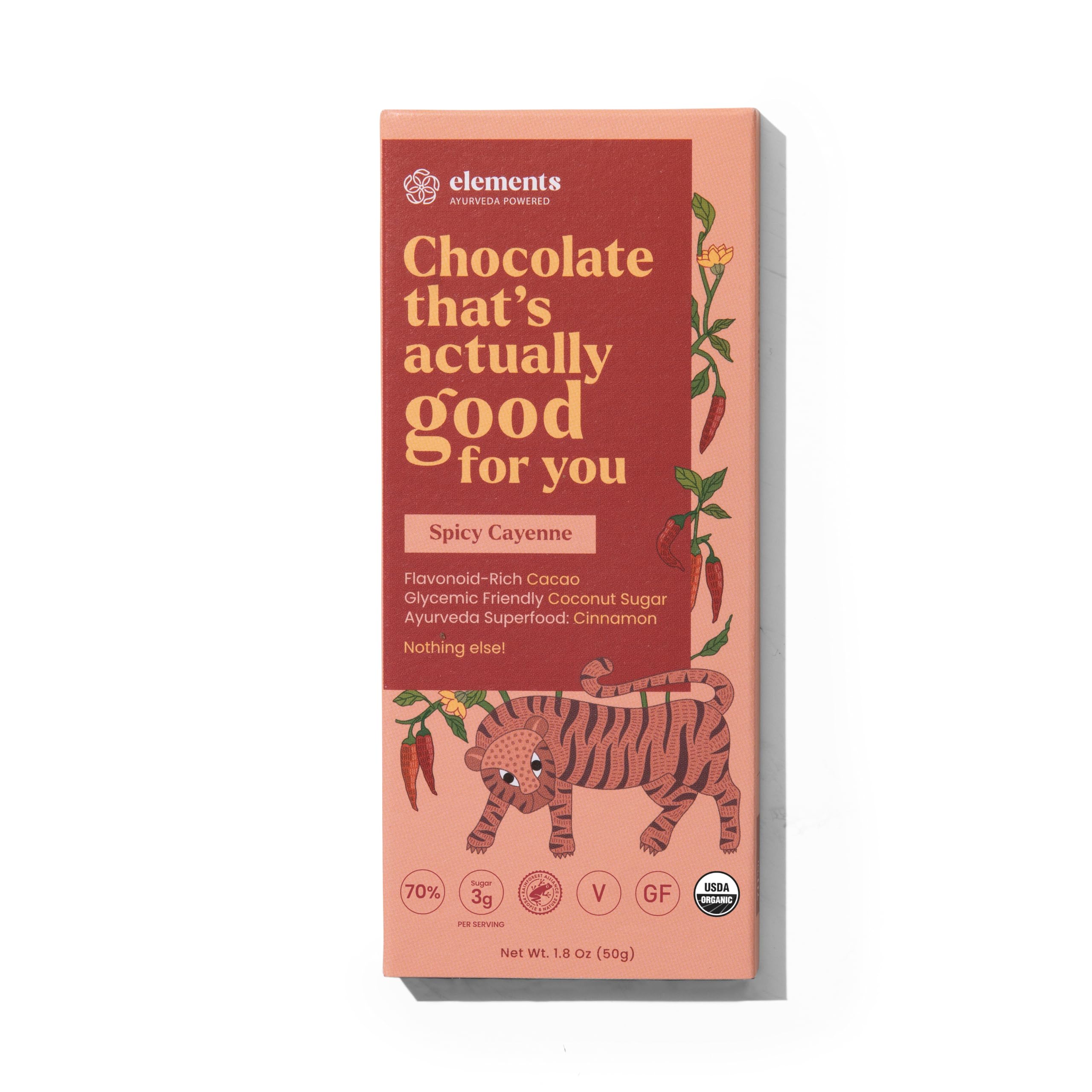 Elements Truffles Spicy Cayenne Flavoured Dark Chocolate Bar| Ayurvedic, Vegan & Gluten Free | No Refined Sugar & Artificial Flavours | Enriched with Cocoa, Coconut Sugar & Organic Cayenne 50g
