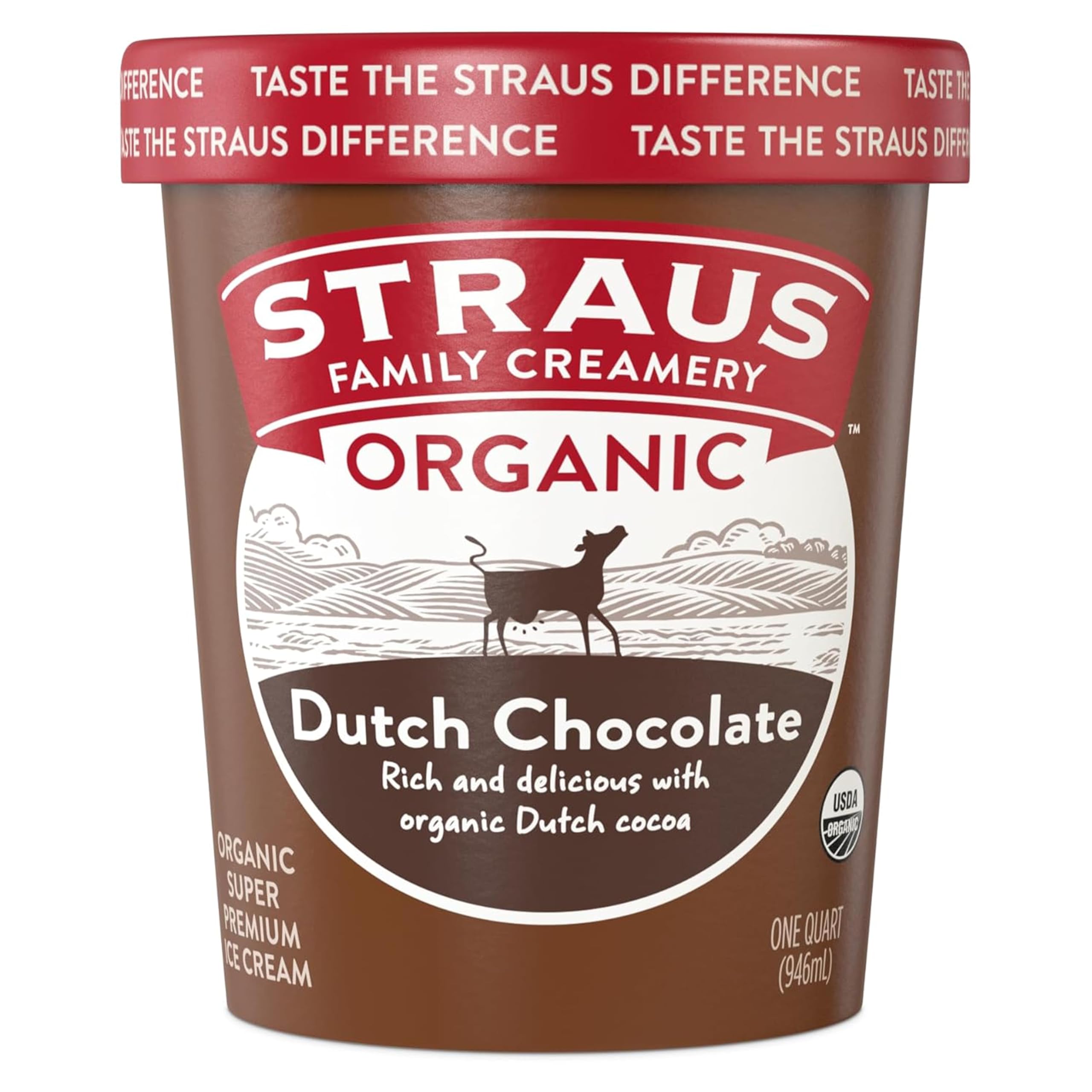 Straus Family Creamery Dutch Chocolate Ice Cream (Quart), Super Premium, Organic, Gluten Free, No Fillers, Gums, Preservatives, or Artificial Flavors, Milk from Regenerative Family Farms and Pasture-Based Herds