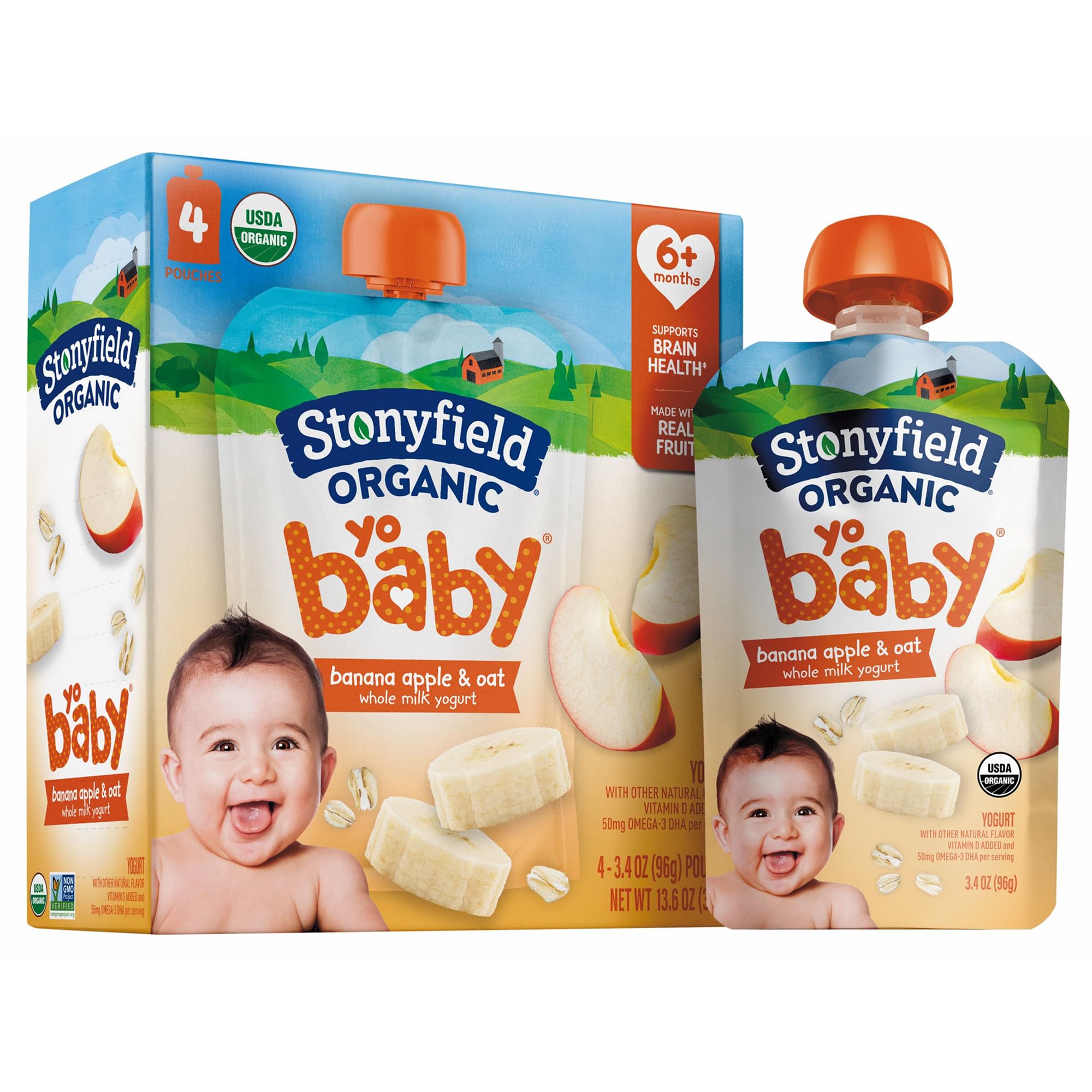Stonyfield Organic YoBaby Whole Milk Banana & Oat Yogurt Pouches for Babies 6 Months & Older, 3.4 oz., 4 Ct