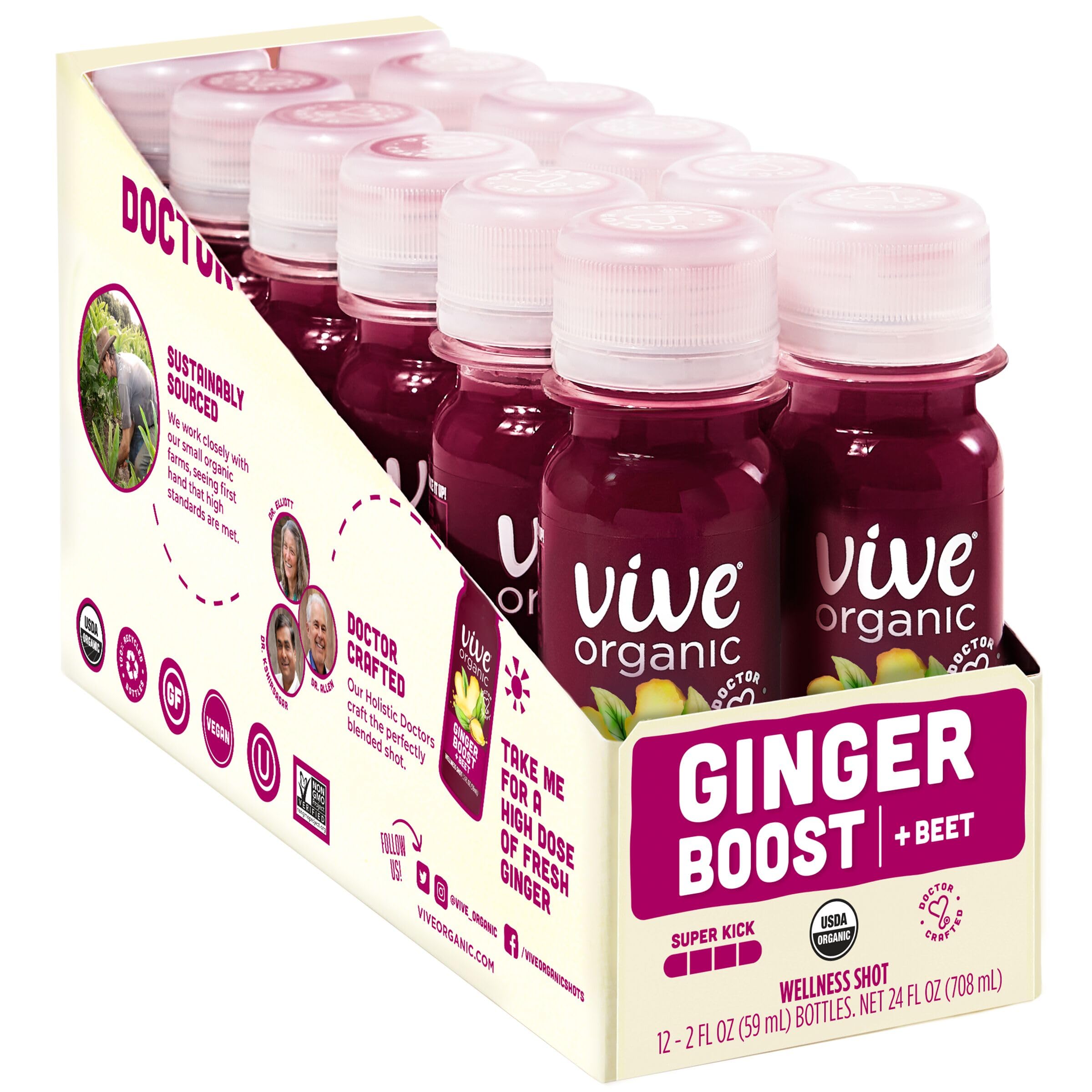 Vive Organic Ginger Boost + Beet Wellness Shot, 2 fl oz Bottle (Pack of 12)
