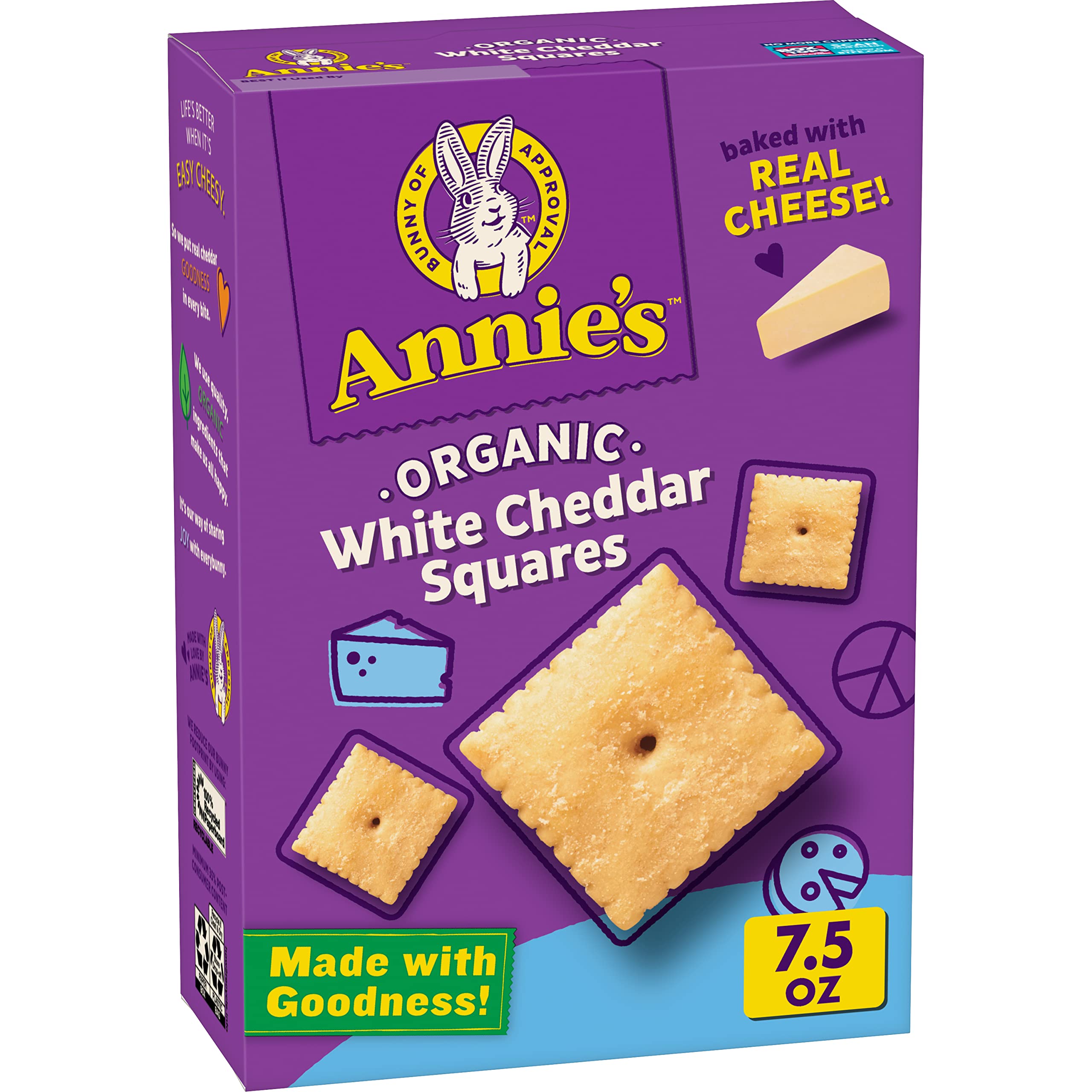 Annie's Organic White Cheddar Squares Baked Snack Crackers, 7.5 oz | Certified USDA Organic, Real Cheddar Cheese, No Artificial Flavors or High-Fructose Corn Syrup