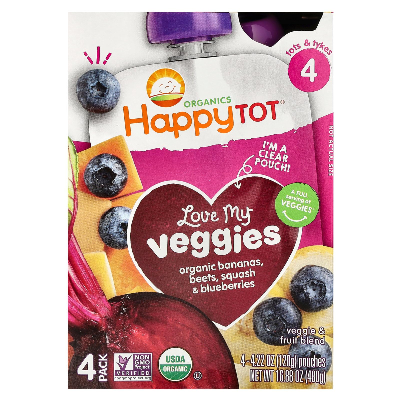 HAPPY TOT Organic Banana Beet Squash Blueberry Pouch 4pk, 16.88 OZ