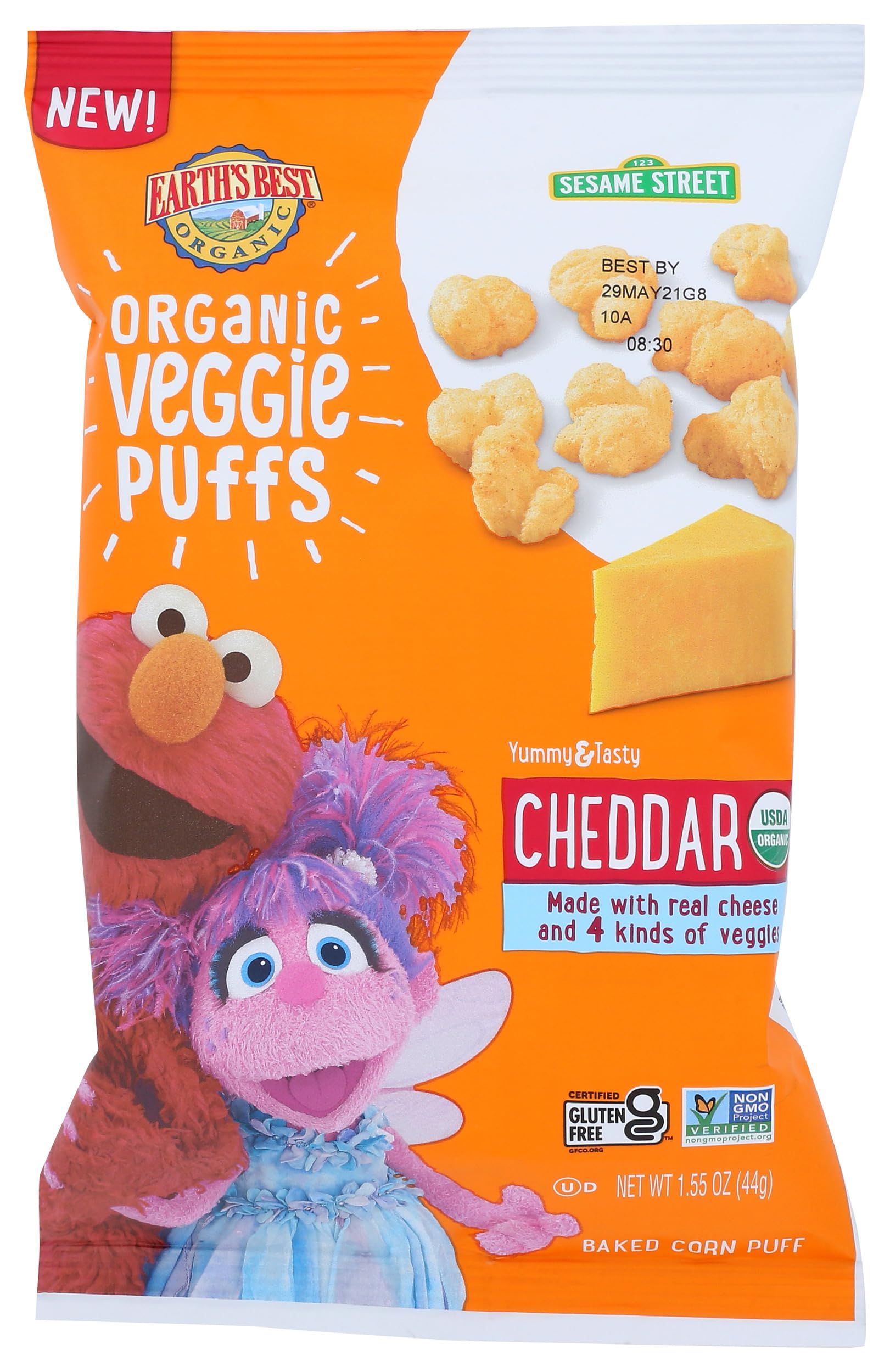Earth's Best Organic Veggie Puffs for Toddlers 2 Years Old and Up, Cheddar Flavor, 1.55 Ounce Bag