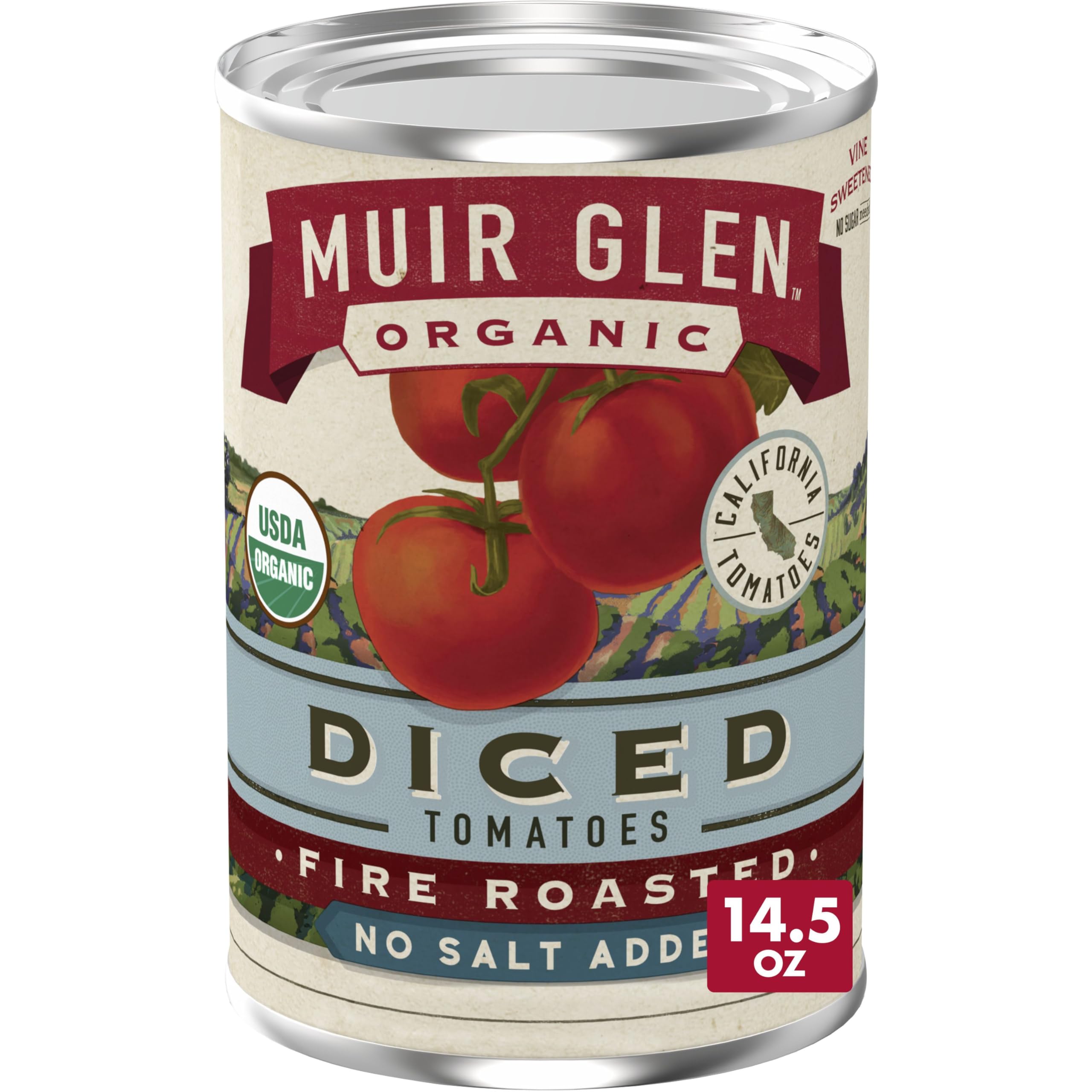 Muir Glen Organic Diced Fire Roasted Tomatoes, No Salt Added, 14.5 oz | Canned Tomatoes, No Salt Added, Smoky Fire-Roasted Flavor, USDA Organic, Non-GMO Project Verified, Gluten Free