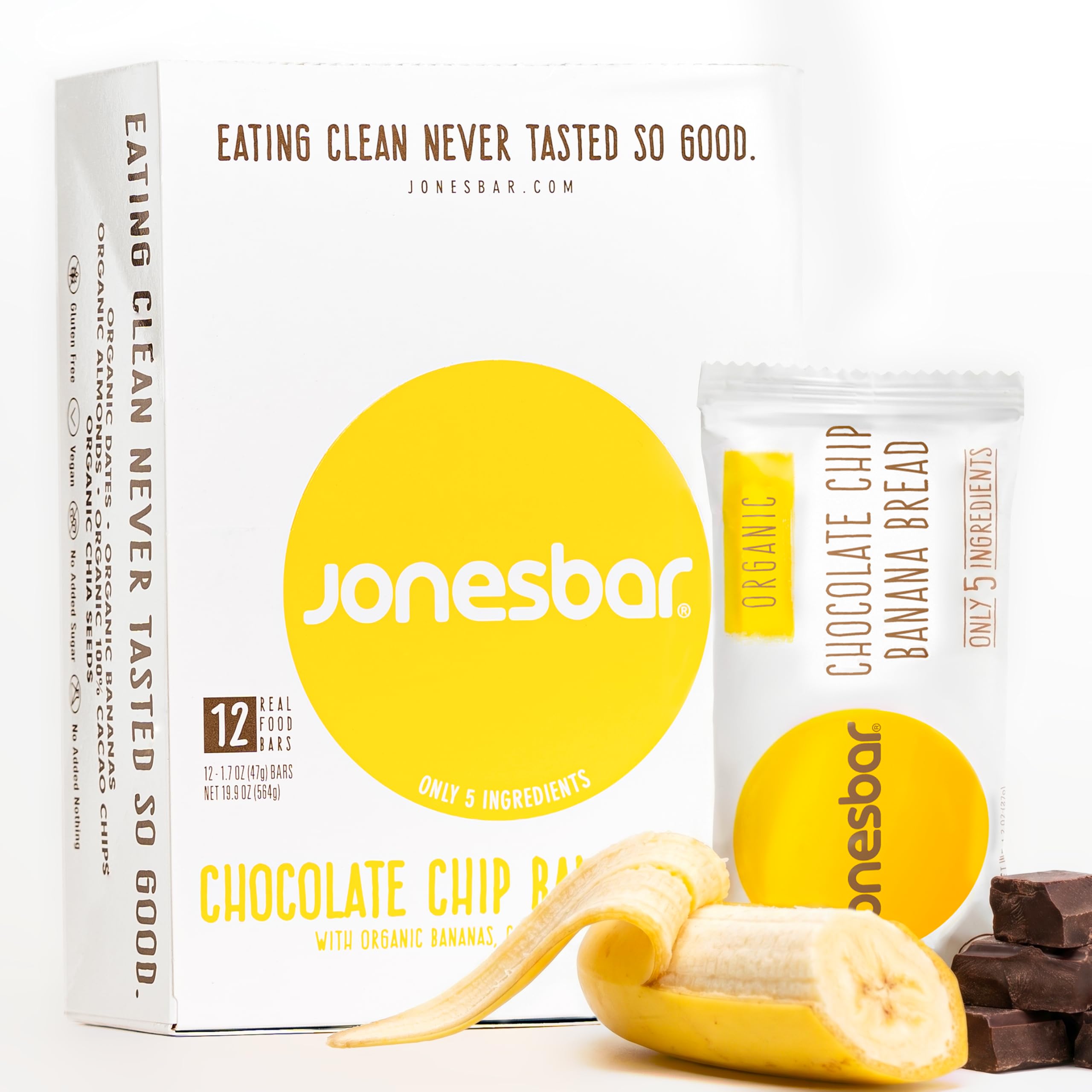Jonesbar Organic Vegan Protein Bars | Banana Chocolate Chip | 12 Bars | Healthy Gluten Free Snacks, Vegan, Kosher, No Added Sugar, No Oils, Nothing Artificial, Only 5 Ingredients
