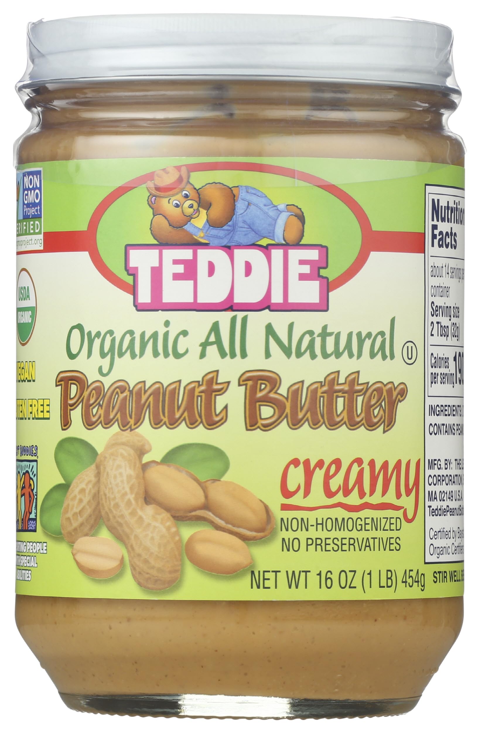 Teddie All Natural Peanut Butter, Smooth Organic, Gluten Free & Vegan, 16 Ounce Glass (Smooth - Organic, Pack of 1)
