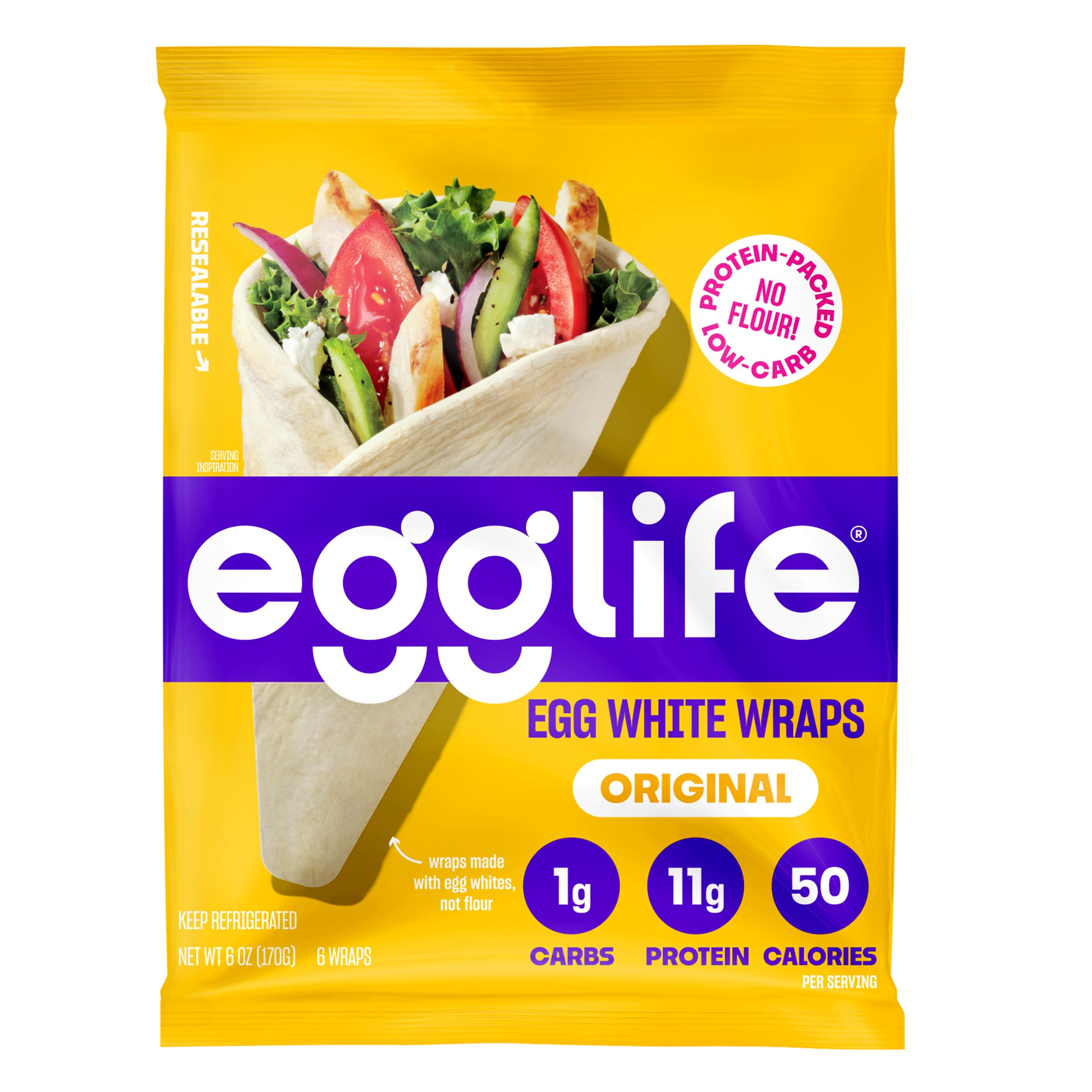 Egglife Original Egg White Wraps, Refrigerated & Gluten-Free, 6 Count, 6oz | Flourless, High Protein, Low-Carb Tortilla Alternative