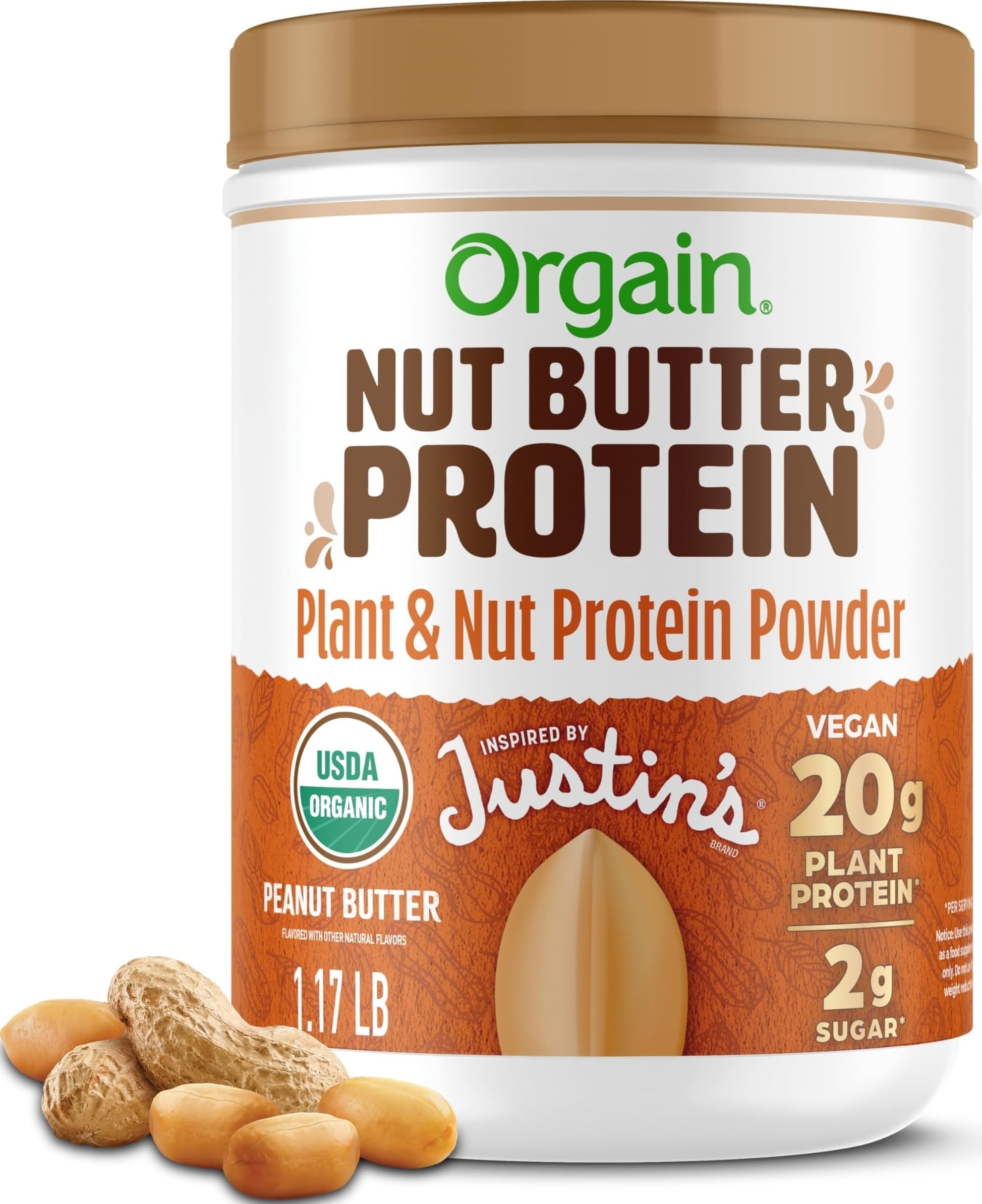 Orgain X Justin's 20g Protein Powder, Peanut Butter, 1.17lb | Organic plant based nut butter protein, 2g sugar, gluten free, no dairy or soy ingredients, no artificial flavors