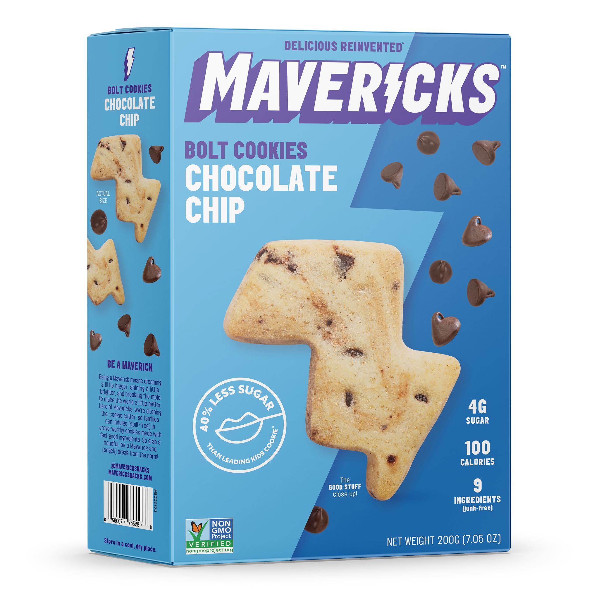 Mavericks Chocolate Chip Bolt Cookies - Plant-Based Chocolate Chip Cookies, Healthy, Plant Based Snack for Kids, Nut Free, 40% Less Sugar - 7 oz Box (1 Pack)