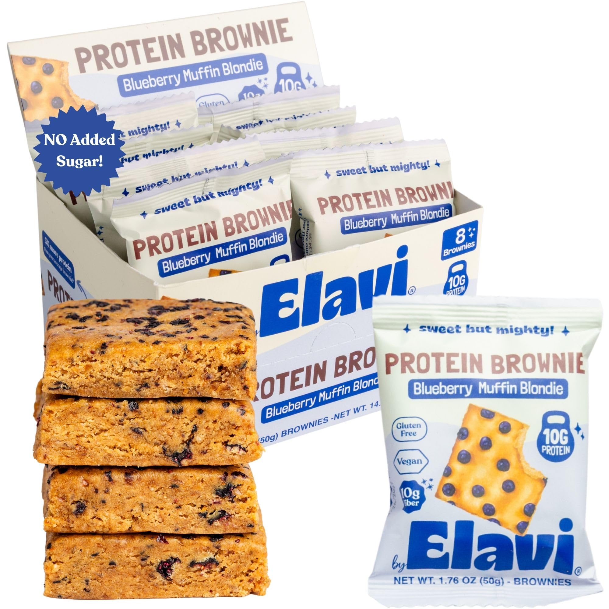 Elavi Blueberry Muffin Blondie Protein Brownies - 8 Pack | 10g plant protein & 10g fiber, vegan, gluten free, dye-free sprinkles, kid friendly, non-dairy snack