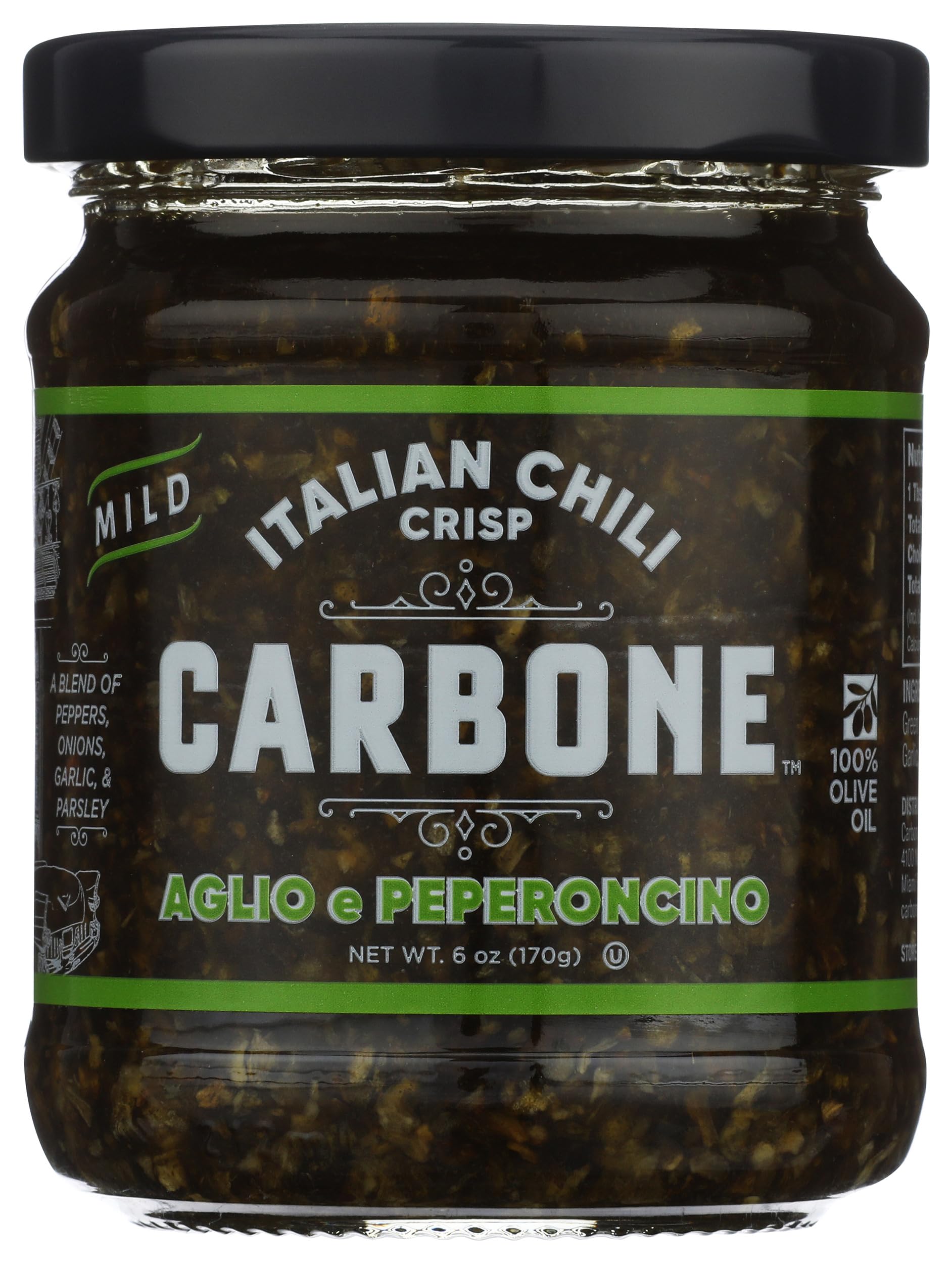 Carbone Aglio e Peperoncino Pizza Crunch, 6 OZ | Mild Italian chili crisp crafted with 100% olive oil, garlic, peppers & parsley for savory flavor and crisp texture.