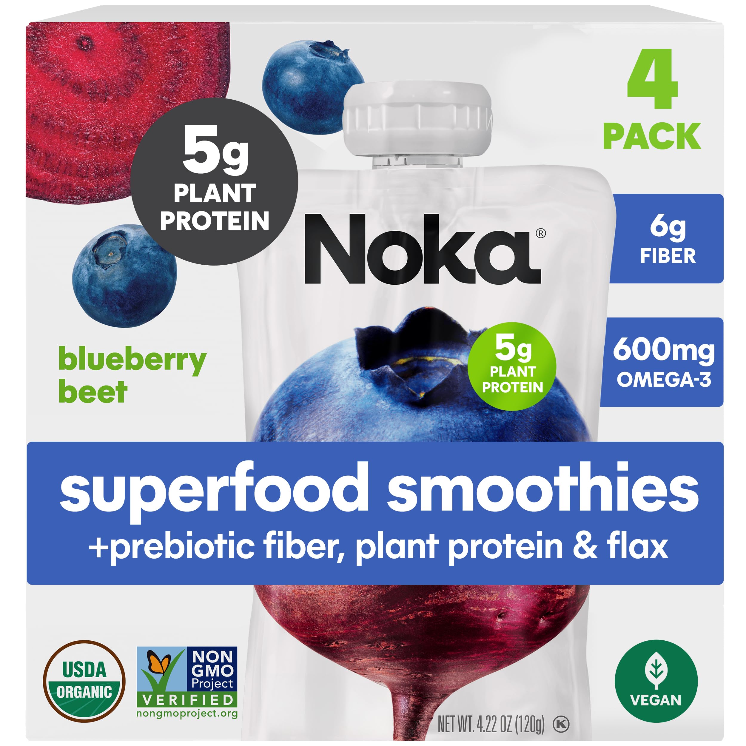 Noka Superfood Smoothie Pouches (Blueberry Beet) 4 Pack, with Plant Protein, Prebiotic Fiber & Flax Seed, Organic, Gluten Free, Vegan, Healthy Fruit Squeeze Snack Pack, 4.22oz Each