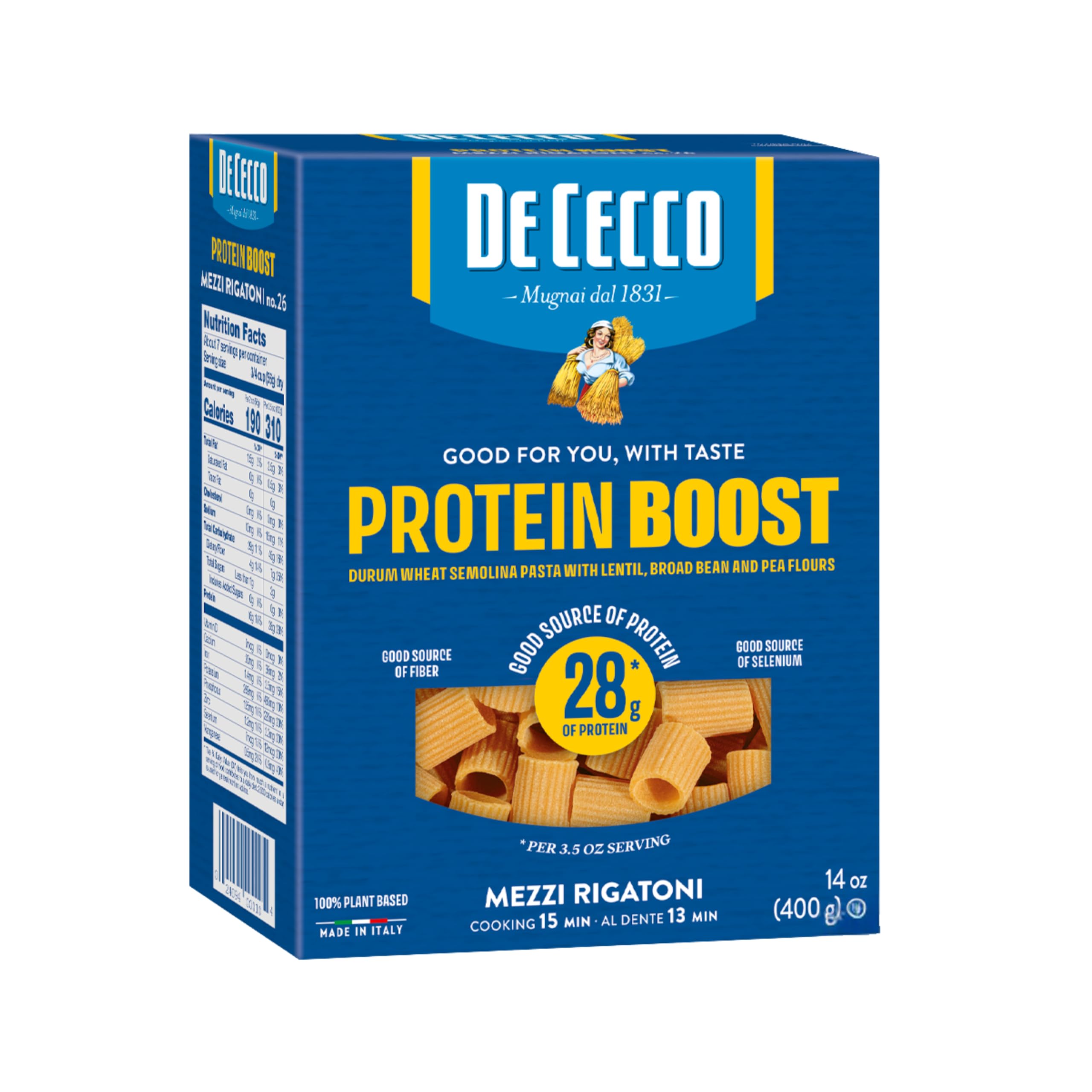 De Cecco Protein Boost Mezzi Rigatoni No. 26 Pasta, 14 Oz | High Protein Noodles, 28g Protein, Made with Durum Wheat, Lentils & Beans, Vegan, Versatile Pasta, Made in Italy