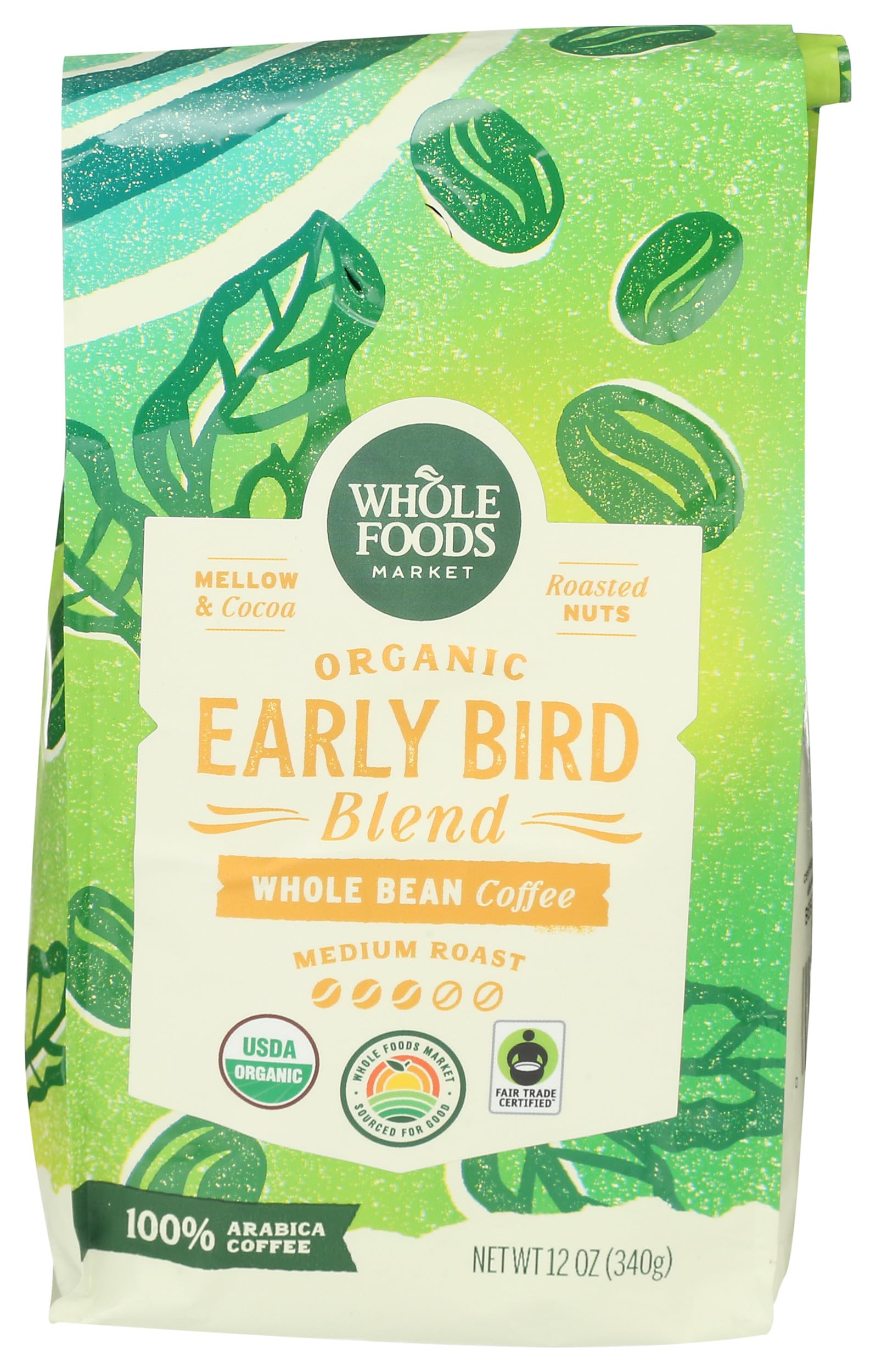 Organic Early Bird Blend, Medium Roast Whole Bean Coffee, Cocoa & Roasted Nuts, 12 Ounce
