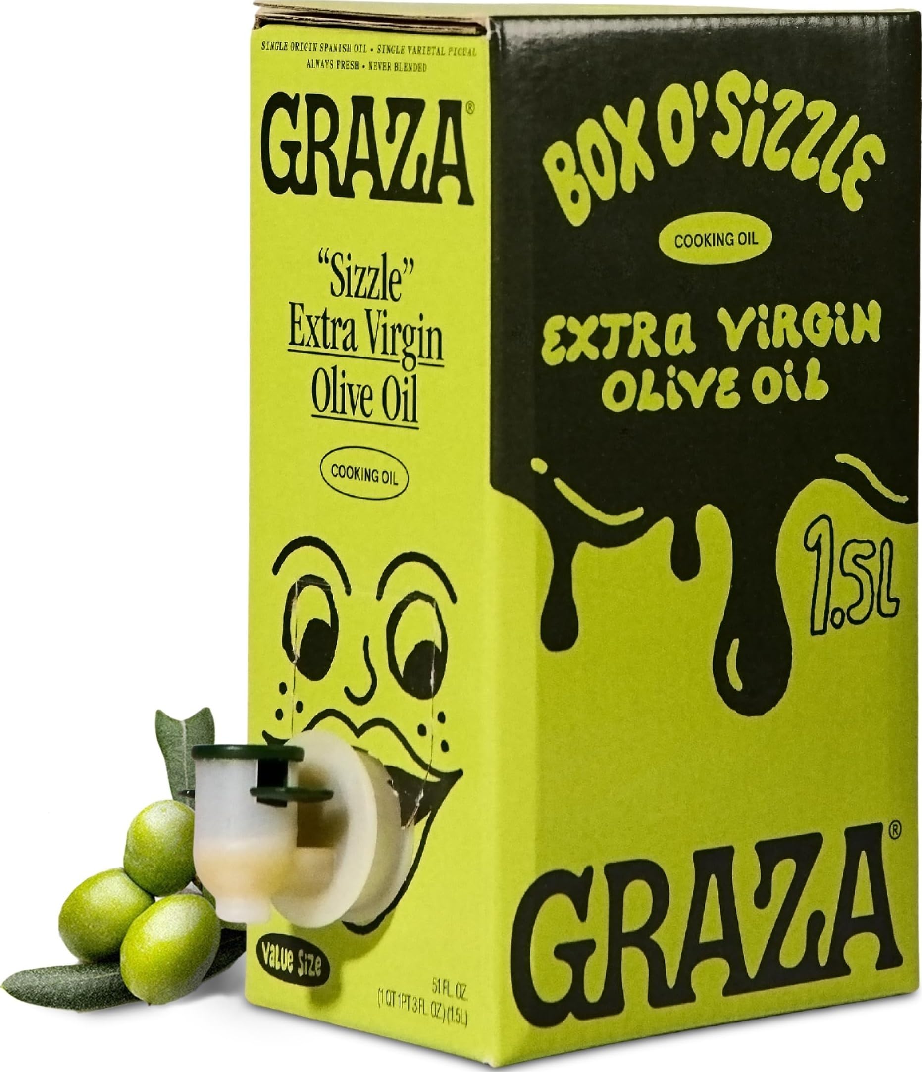 Graza Sizzle Extra Virgin Olive Oil, Cooking Oil - High Polyphenol Peak Harvest EVOO Cooking Oil in a Box - Single Origin Olive Oils from Spain - 51 Fl Oz (1.5L)